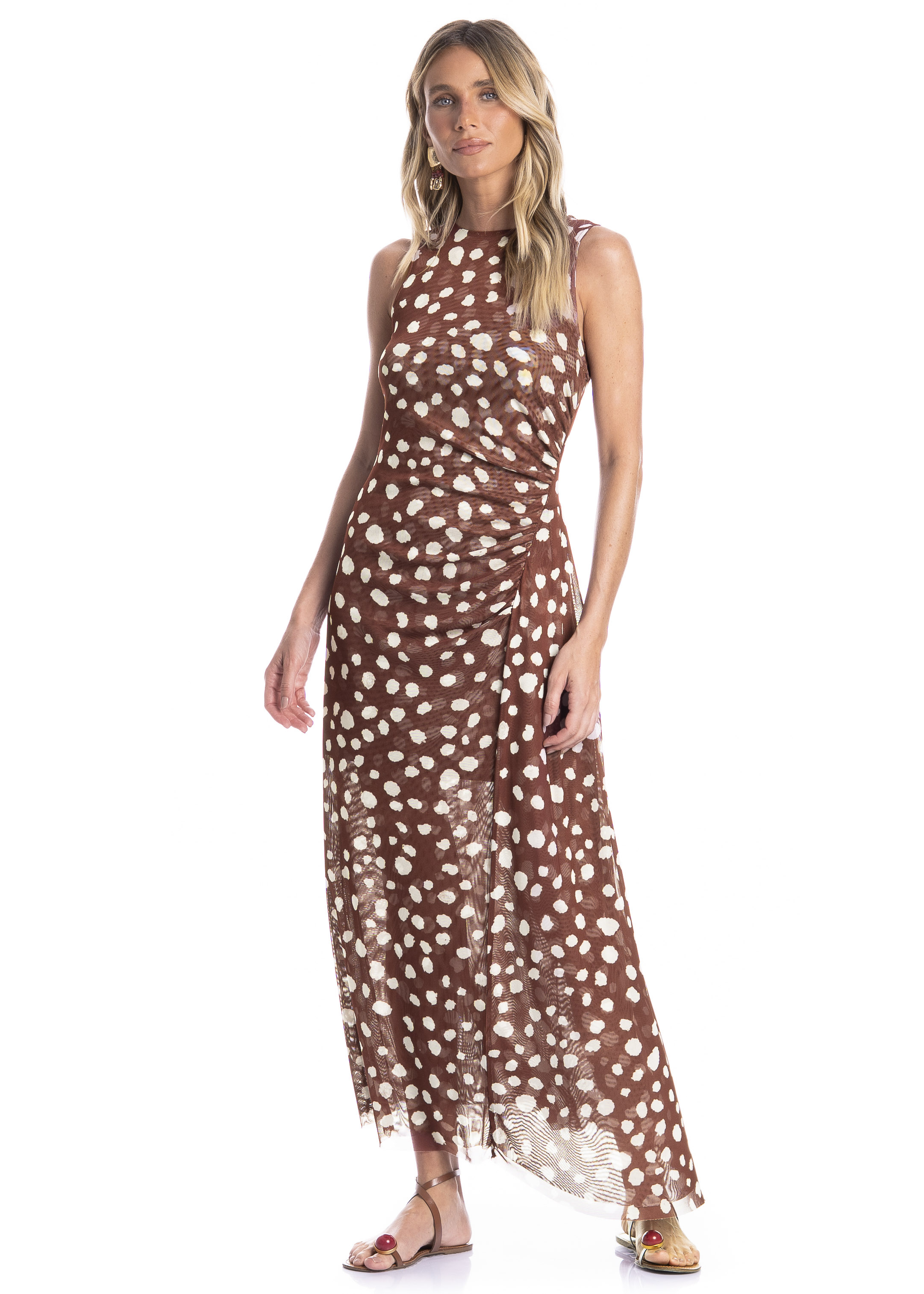 Vestido Franzido Em Tule Com Combinete Poá Marrom - Imagem 1