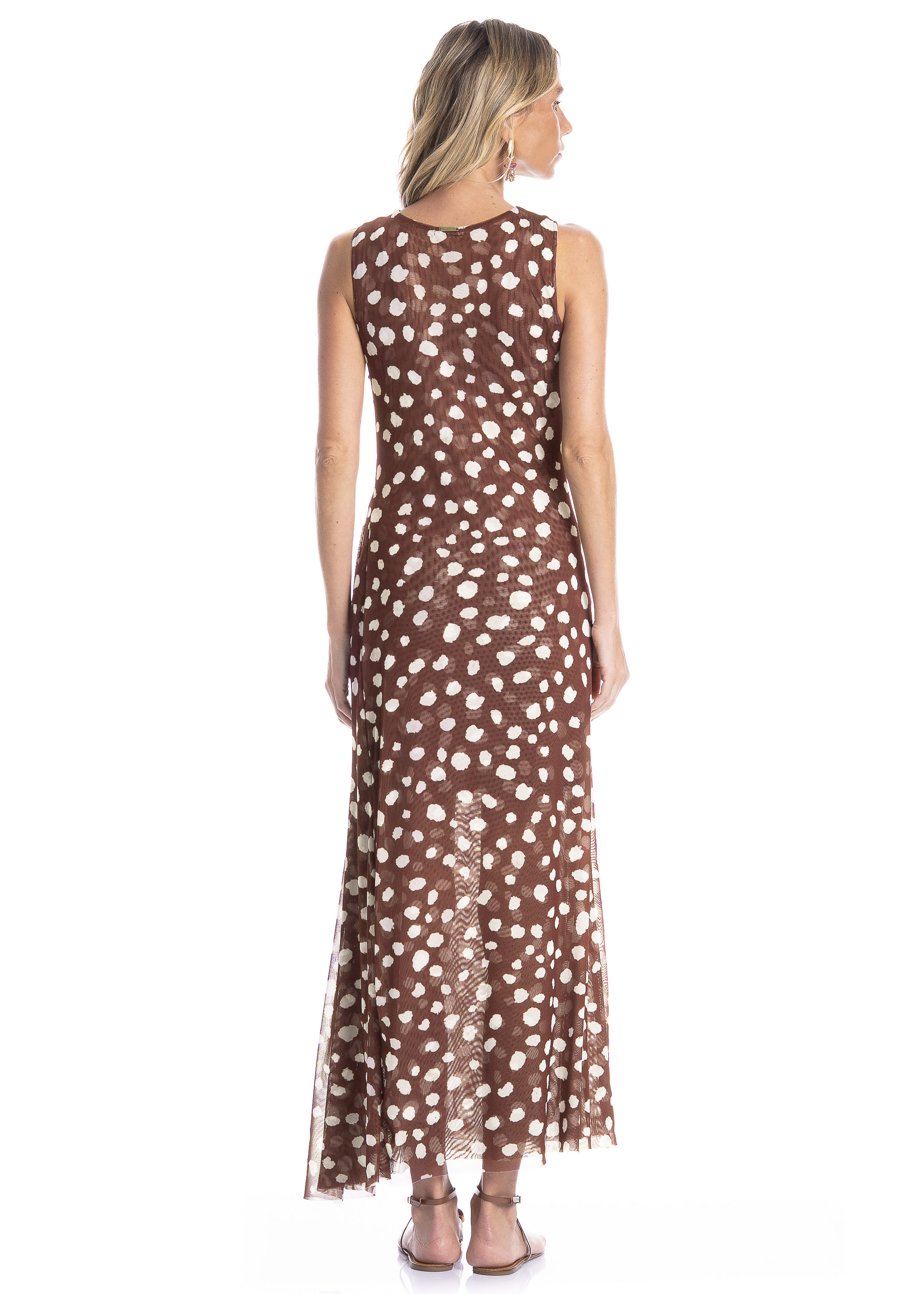 Vestido Franzido Em Tule Com Combinete Poá Marrom - Imagem 2