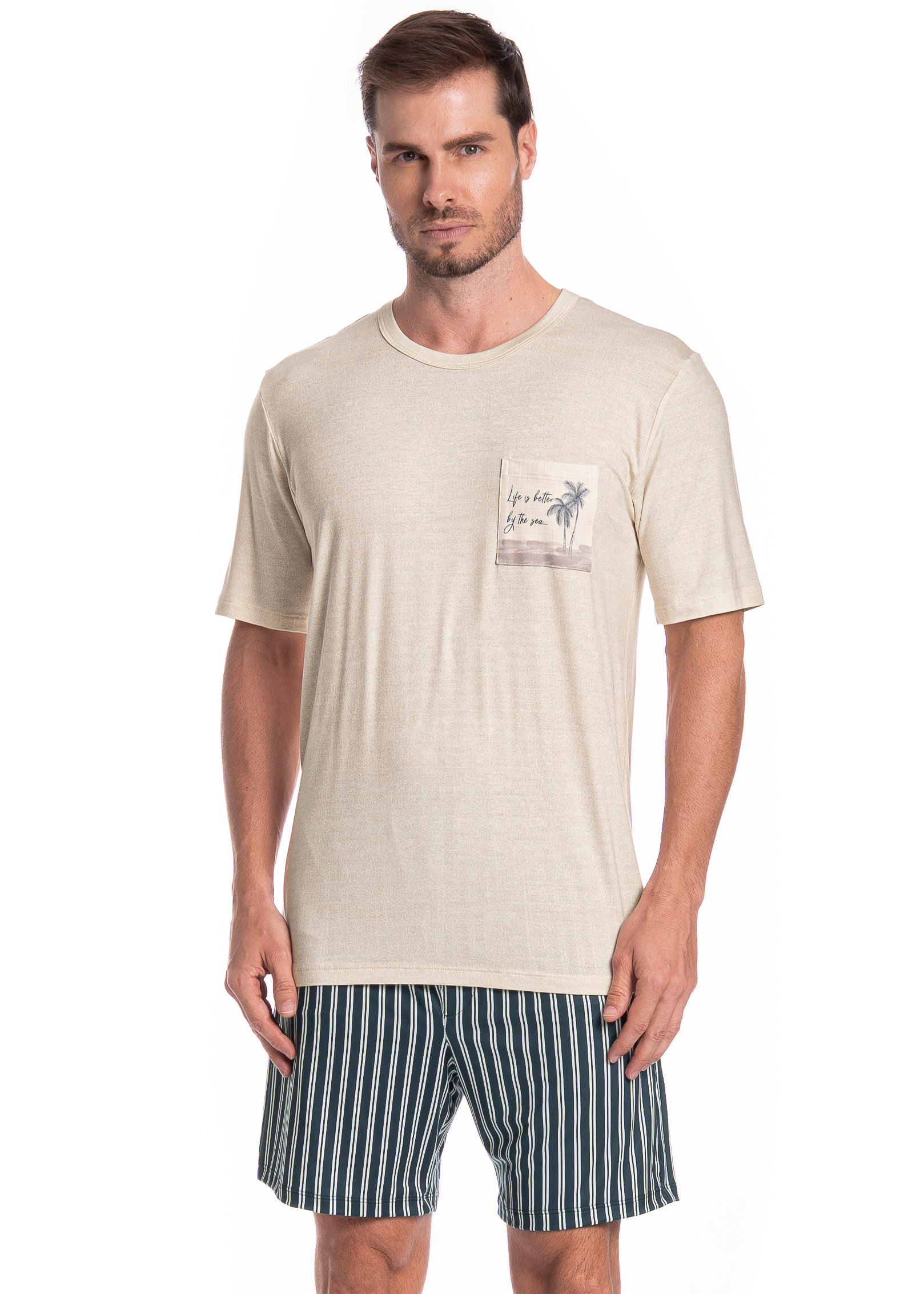 Pijama Masculino Curto Stripes Tombini Branco - Imagem 1