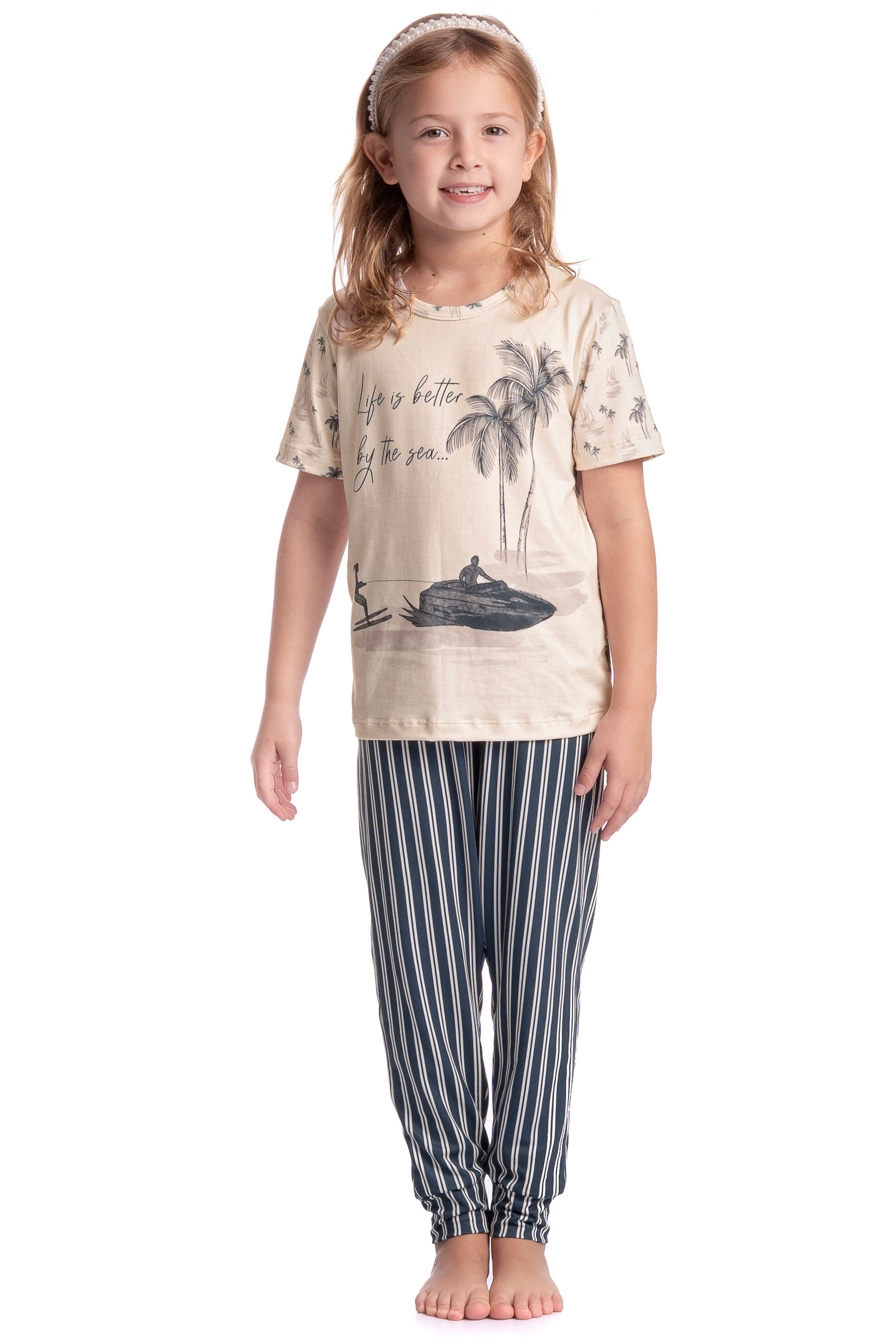 Pijama Infantil Longo Manga Curta Unissex Stripes Branco - Imagem 1