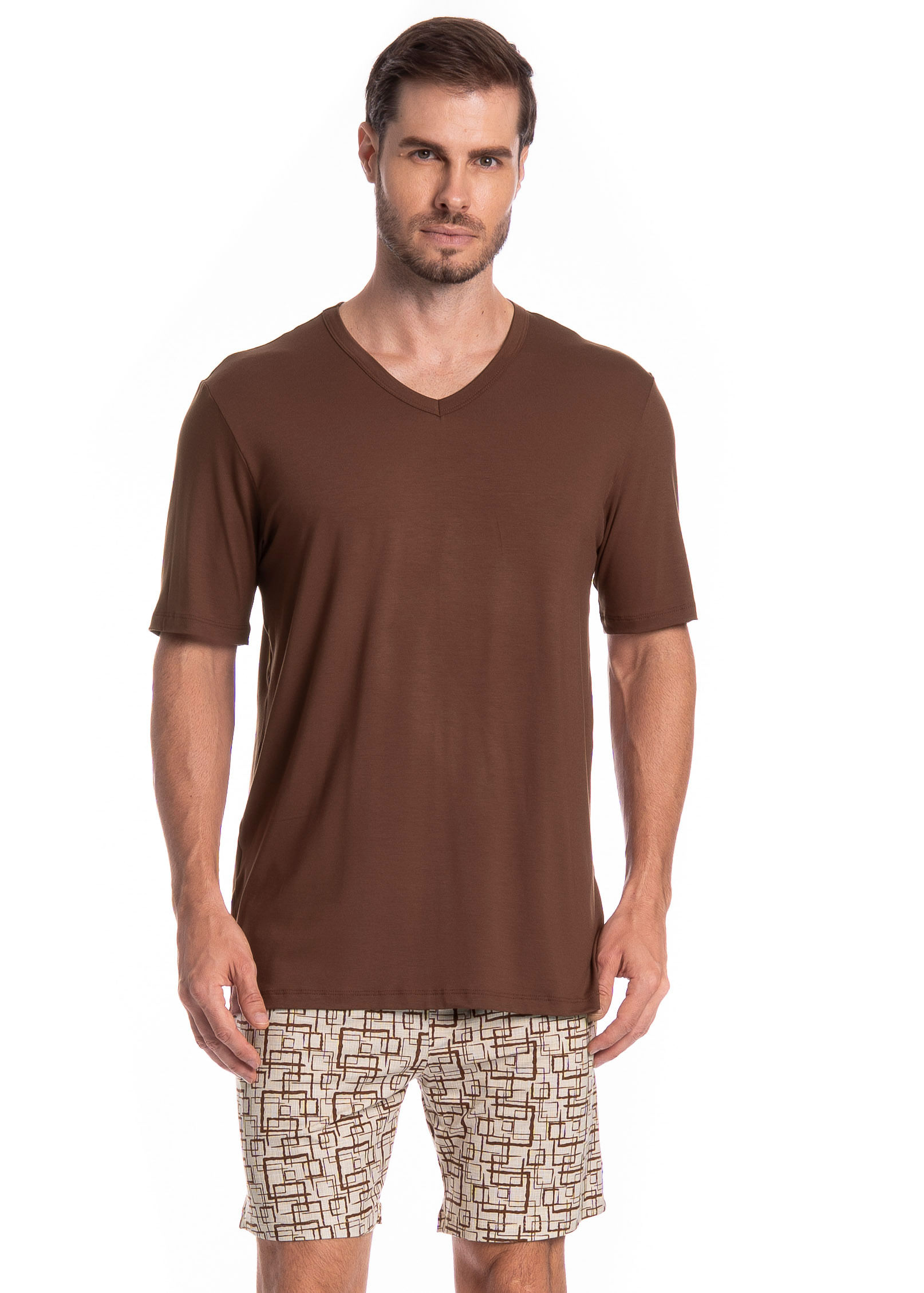 Pijama Curto Grid Tombini Marrom - Imagem 1