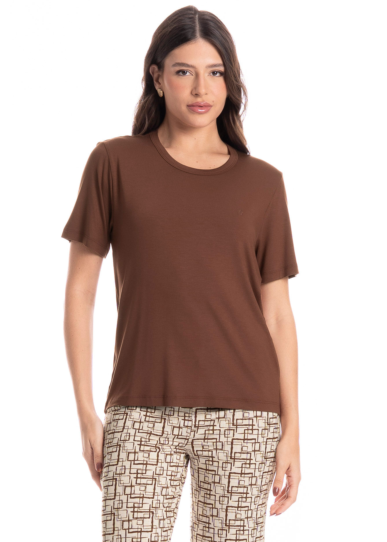 Pijama Feminino Pescador Grid Marrom - Imagem 1