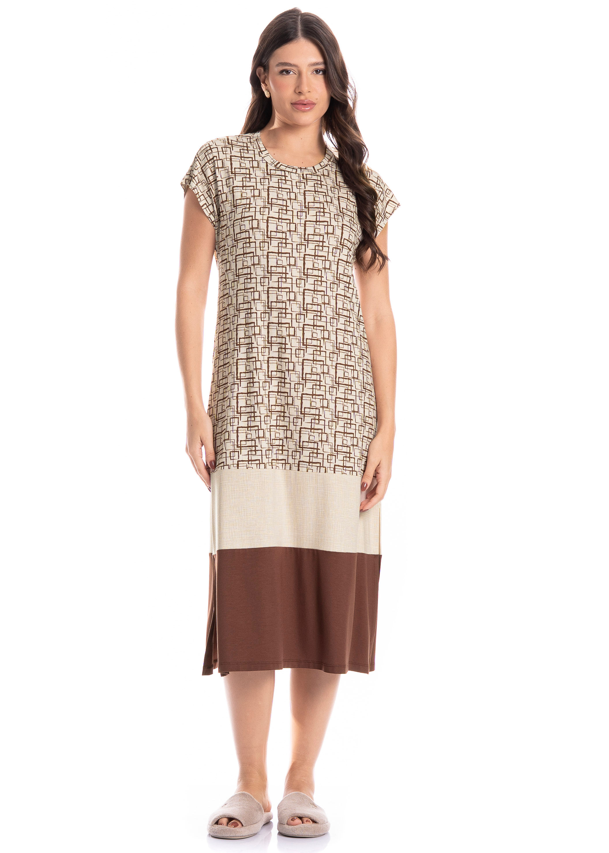 Vestido Feminino Midi Grid Marrom - Imagem 1