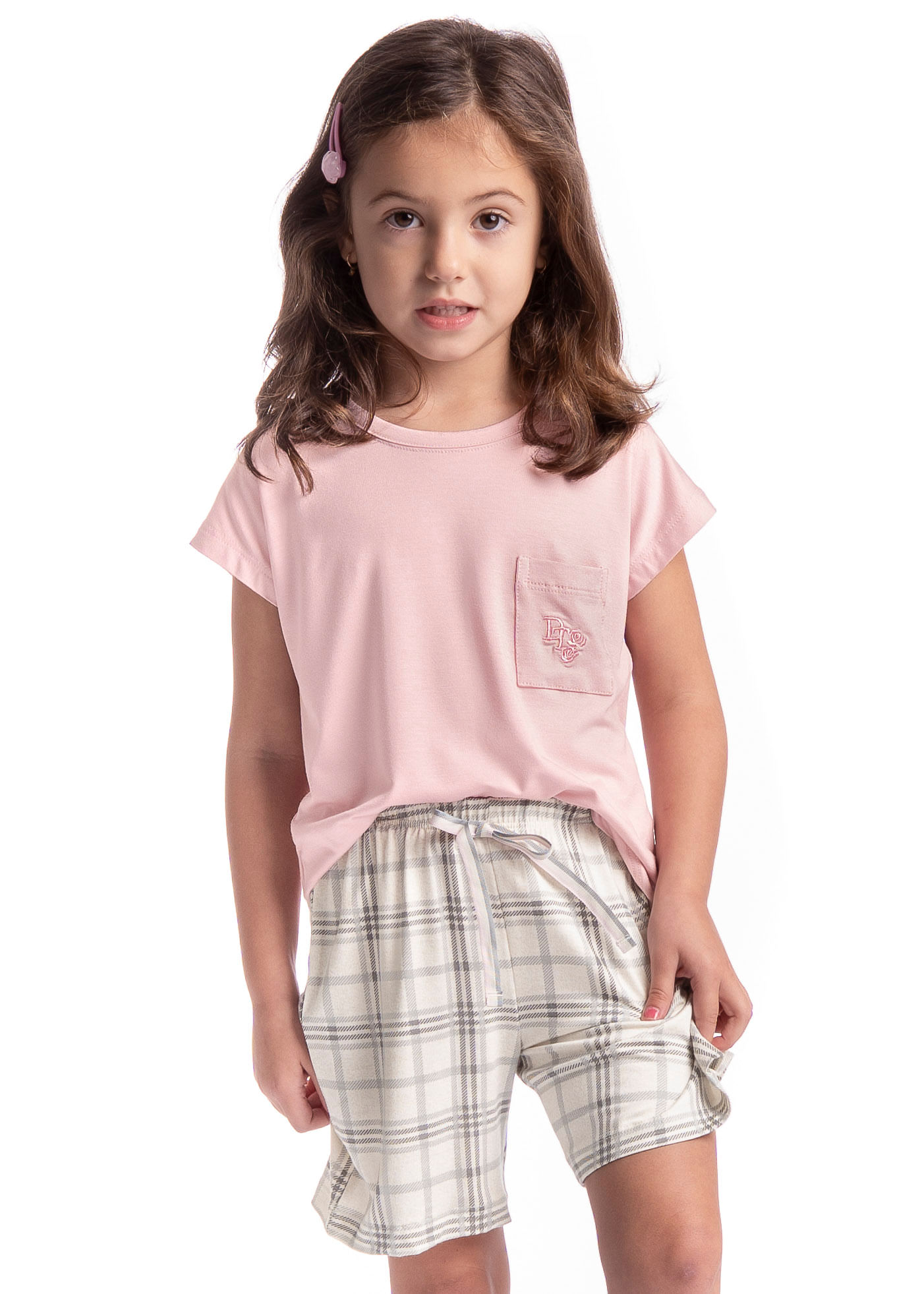 Pijama Infantil Feminino Curto Chess Cinza - Imagem 1