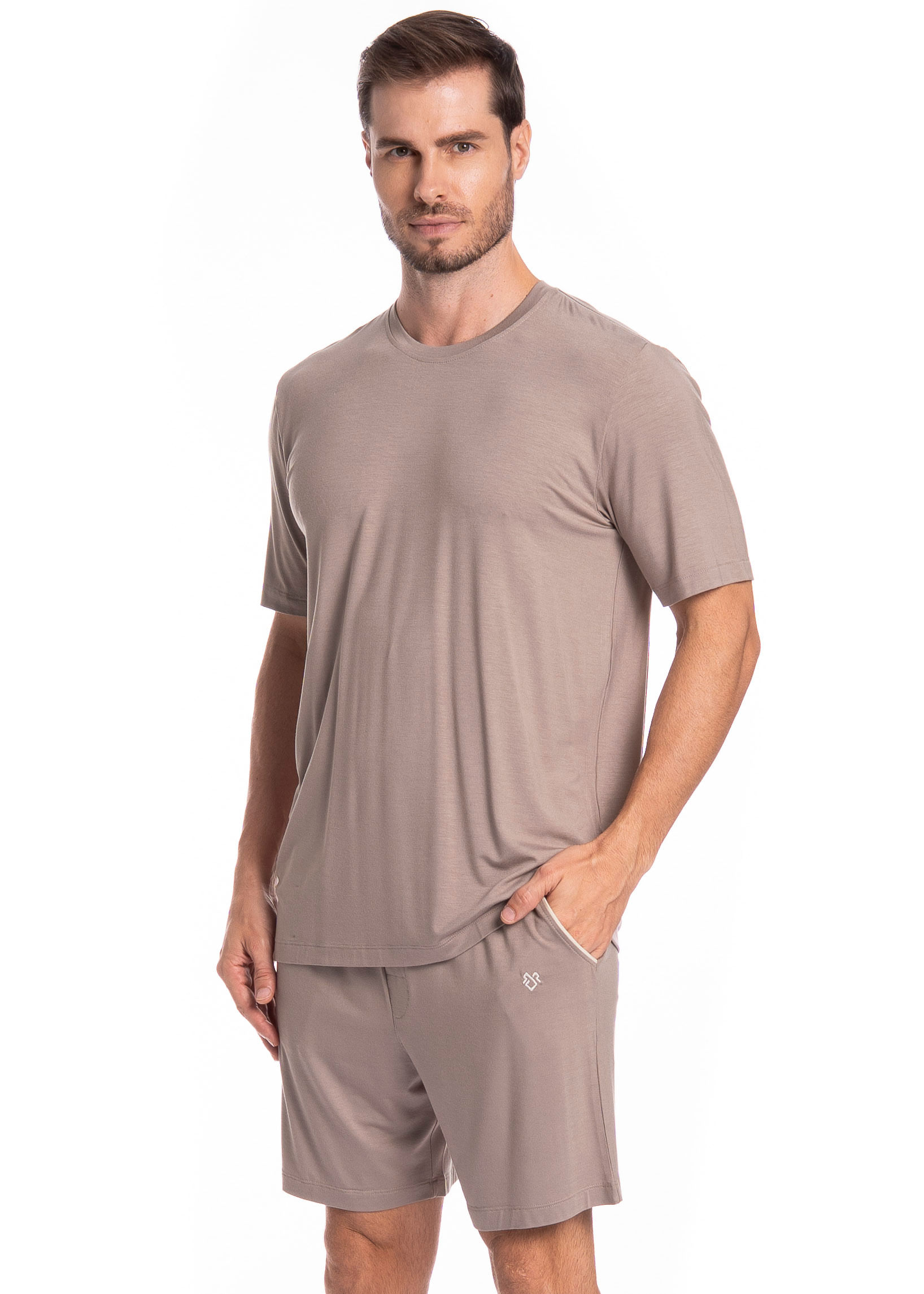 Pijama Masculino Curto Com Bolso Lucca Tombini Bege - Imagem 1