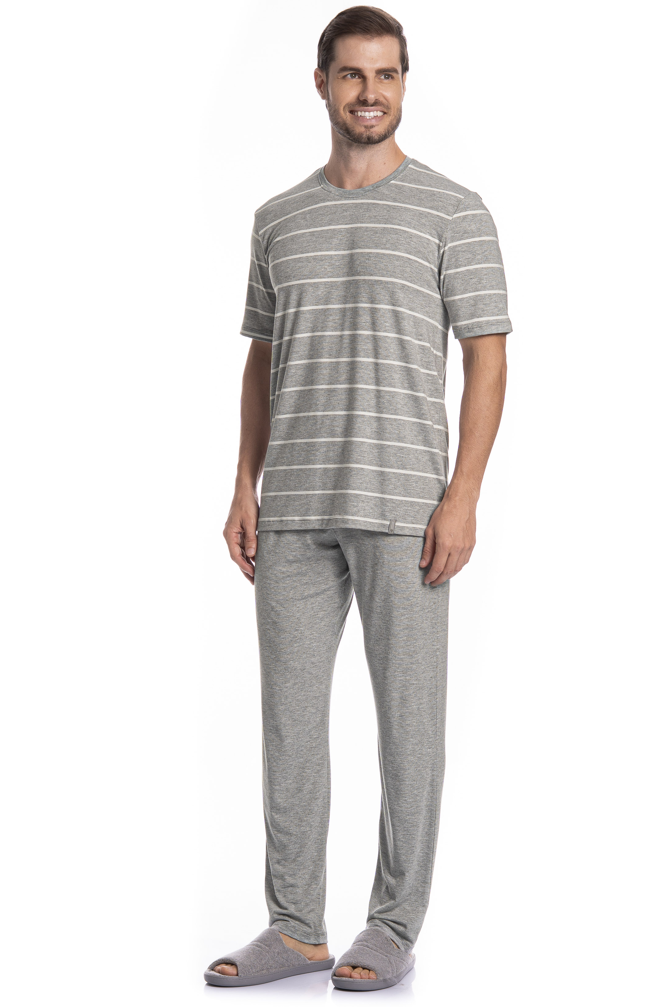 Pijama Masculino Longo Manga Curta Henrique Tombini Cinza - Imagem 1