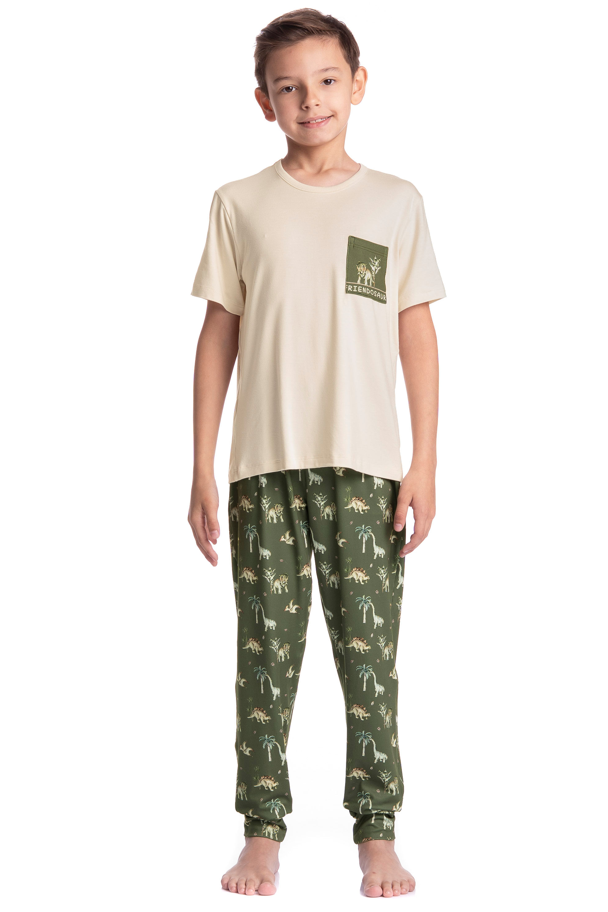 Pijama Infantil Longo Manga Curta Dino Verde - Imagem 1