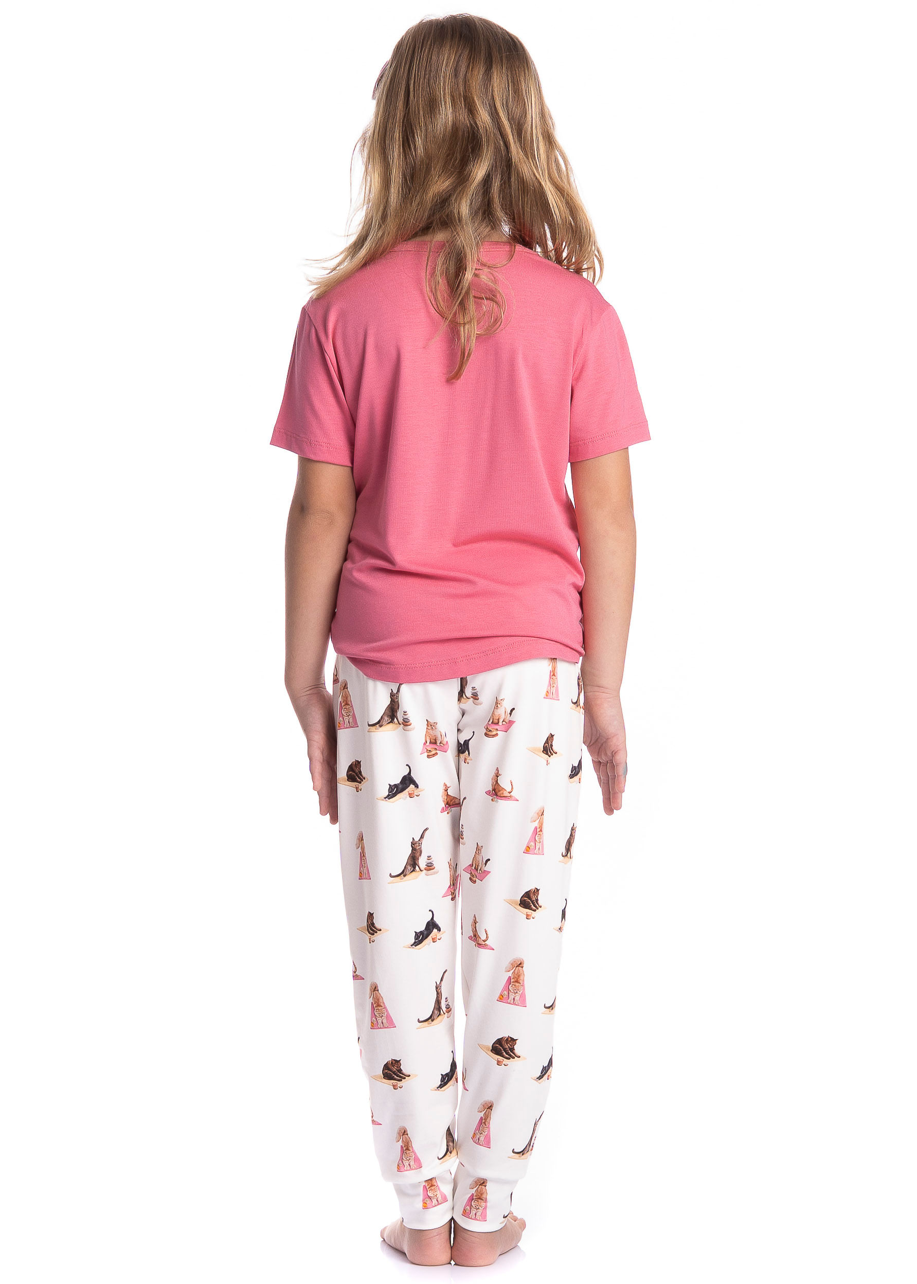 Pijama Infantil Longo Manga Curta Cats Yoga Branco - Imagem 2