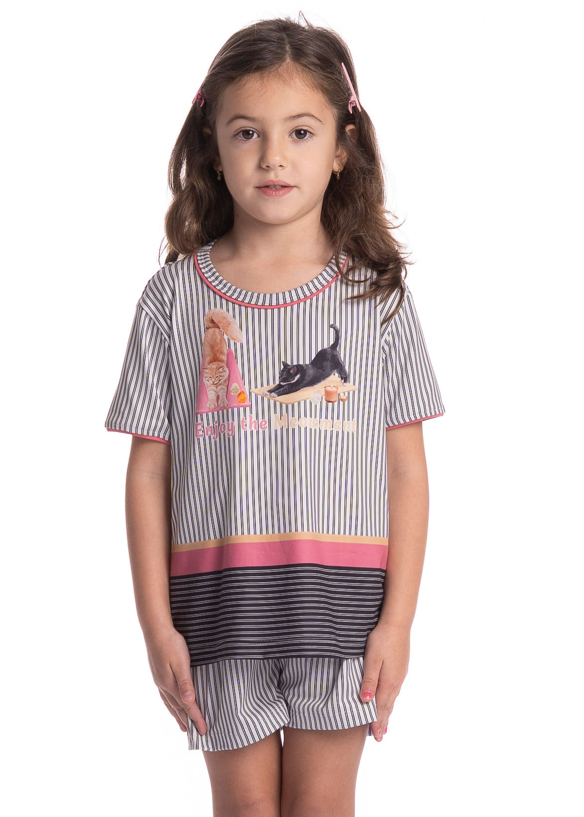 Pijama Infantil Curto Cats Yoga Branco - Imagem 1