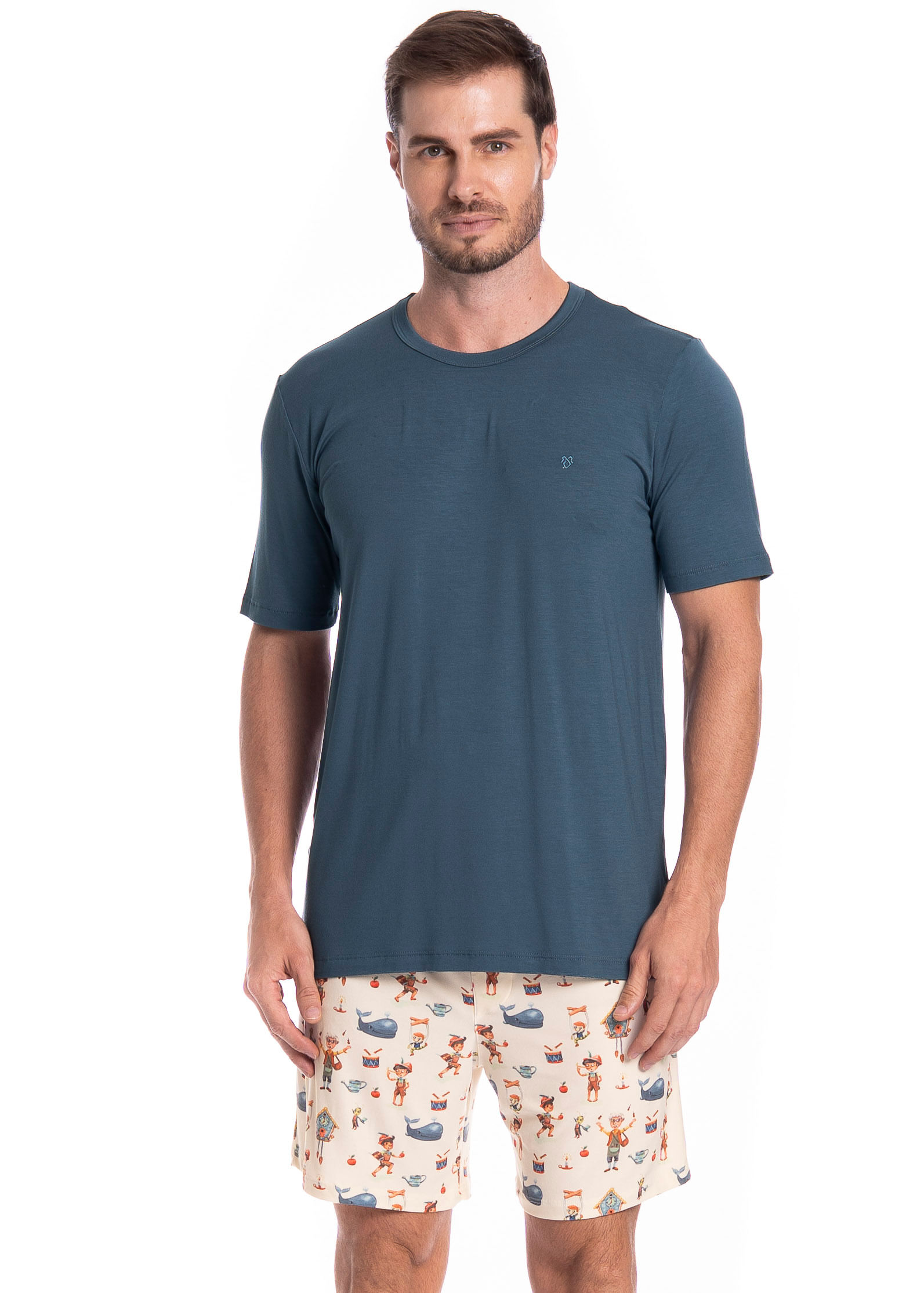 Pijama Masculino Curto Pinóquio Tombini Branco - Imagem 1