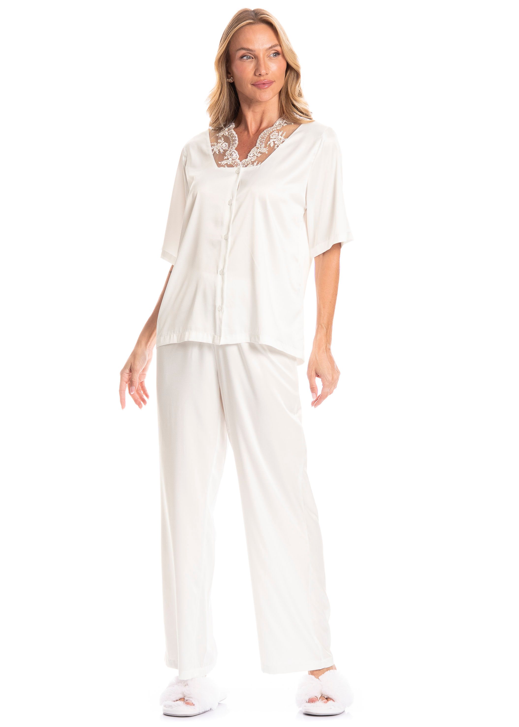 Pijama Americano Feminino Longo Zoe Branco - Imagem 1