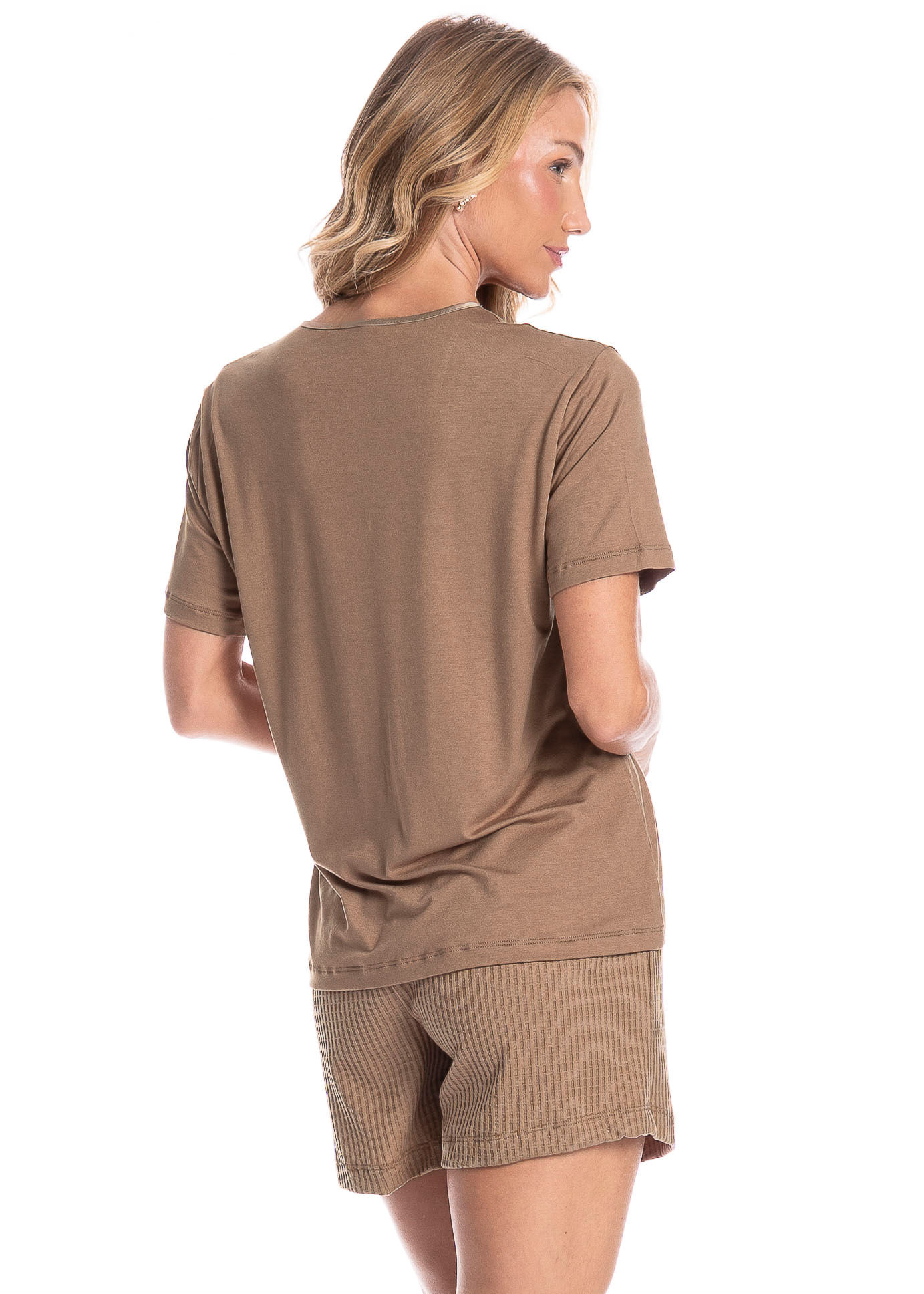 Pijama Feminino Curto Piquet Marrom - Imagem 2