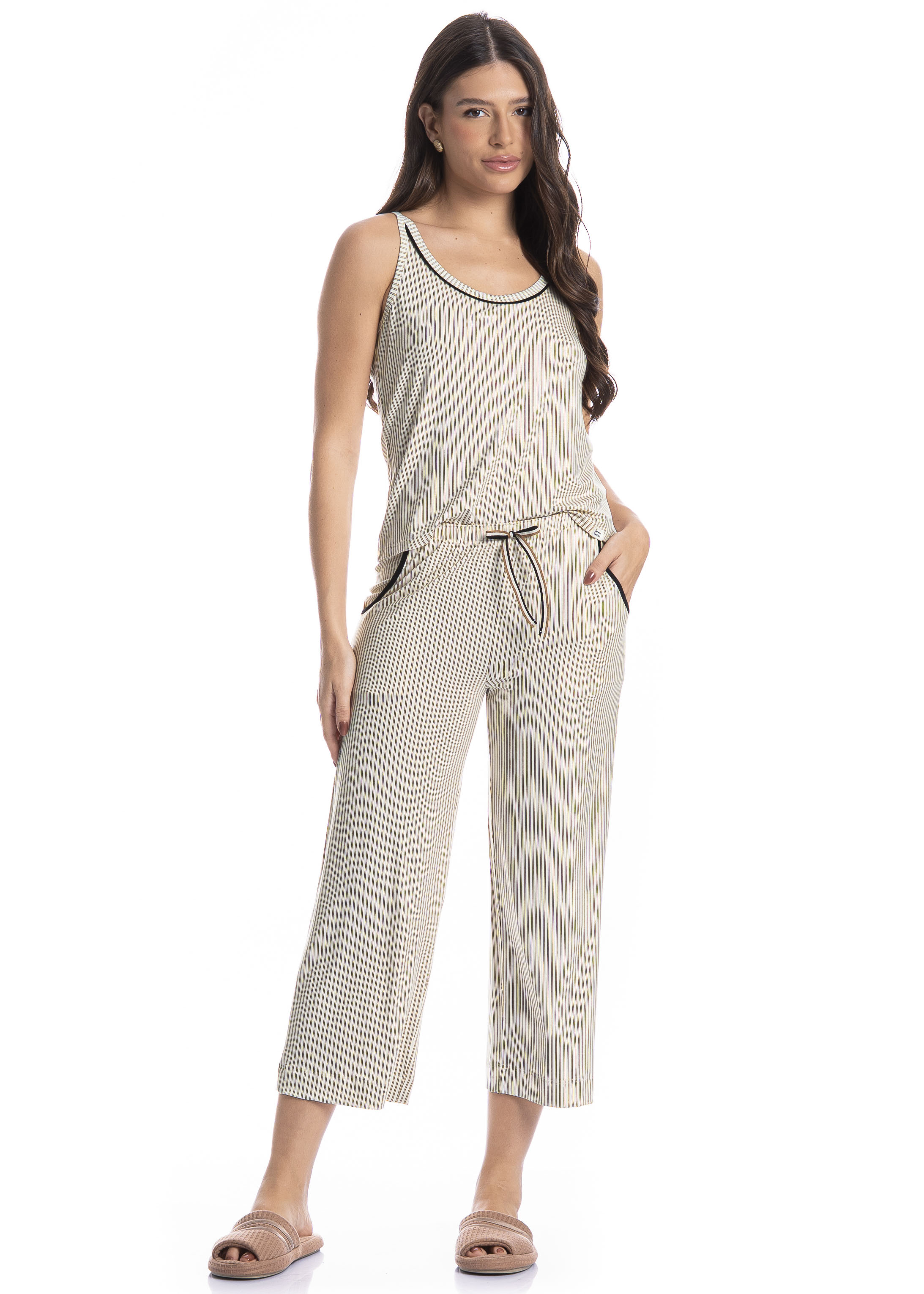 Pijama Feminino Capri Com Bolso Ginger Marrom - Imagem 1