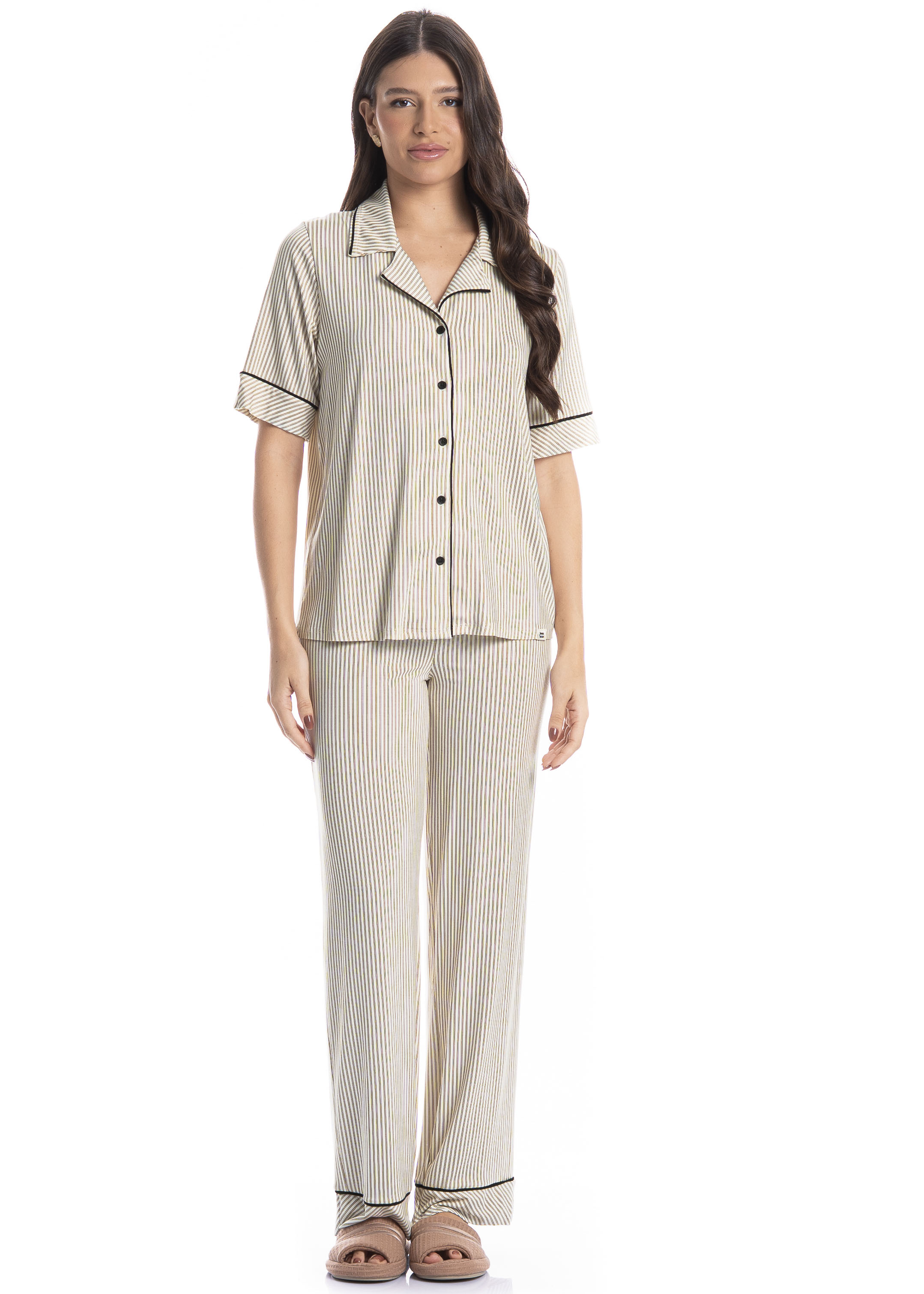 Pijama Americano Feminino Longo Manga Curta Ginger Marrom - Imagem 1