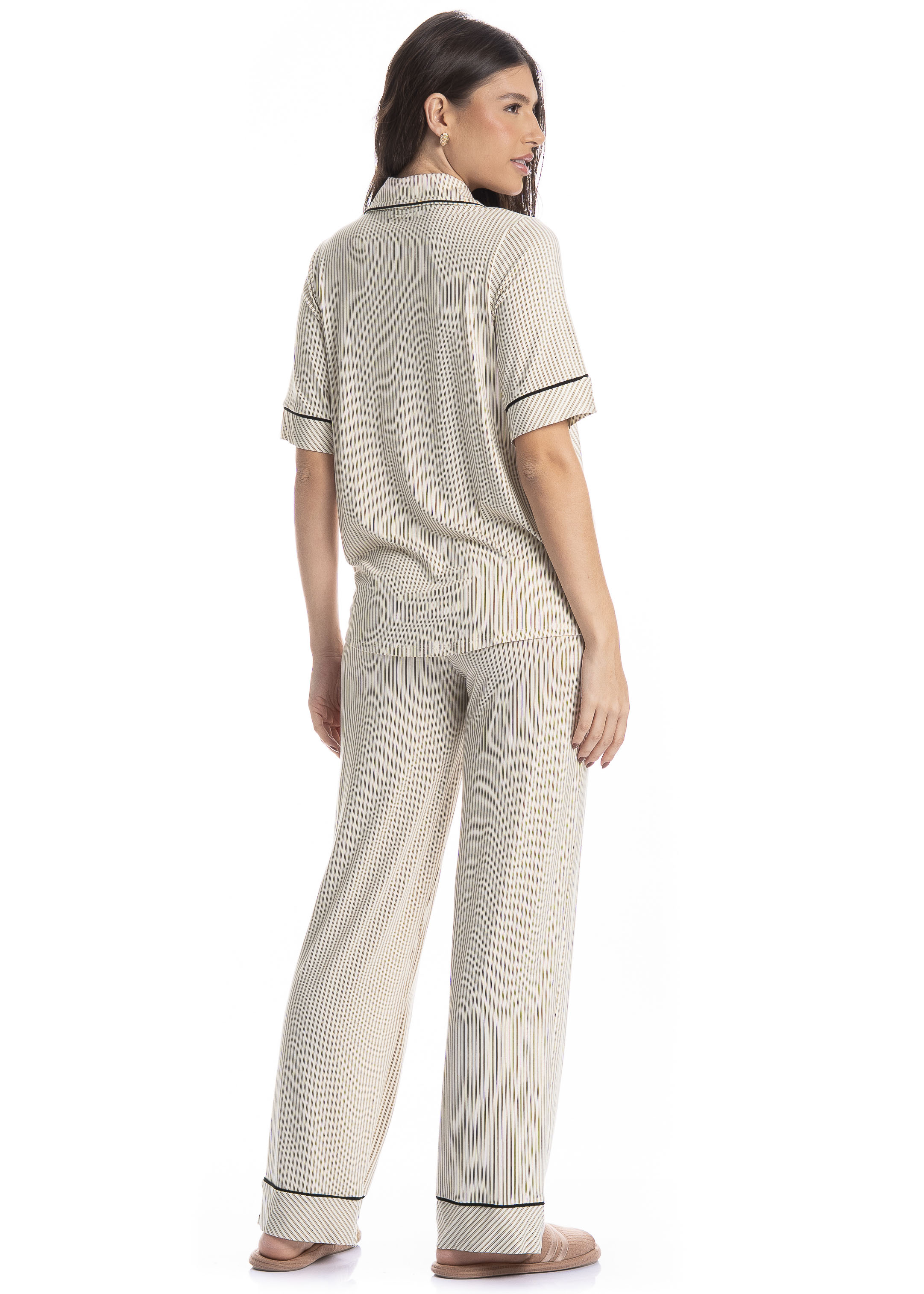 Pijama Americano Feminino Longo Manga Curta Ginger Marrom - Imagem 2