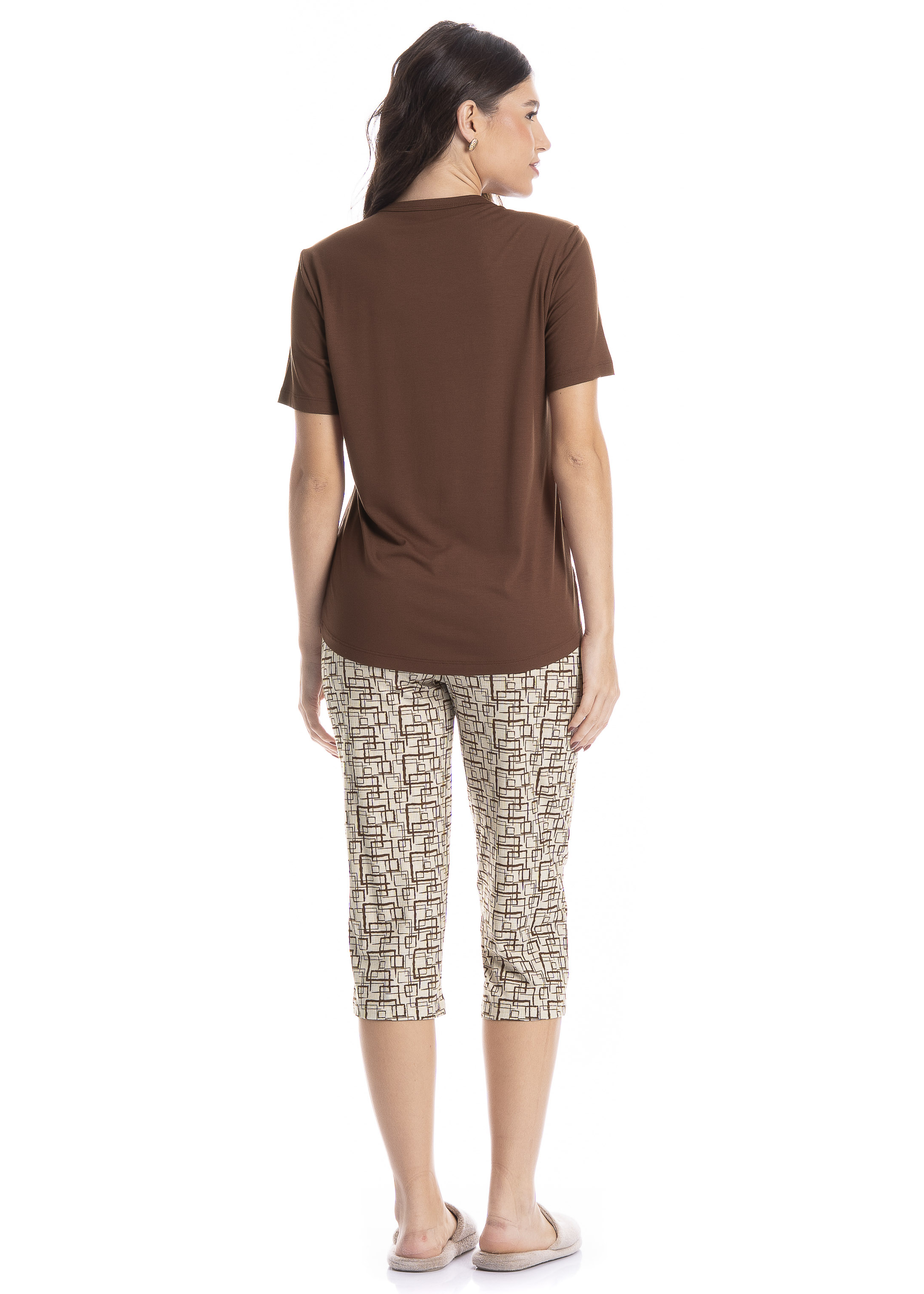 Pijama Feminino Pescador Grid Marrom - Imagem 2