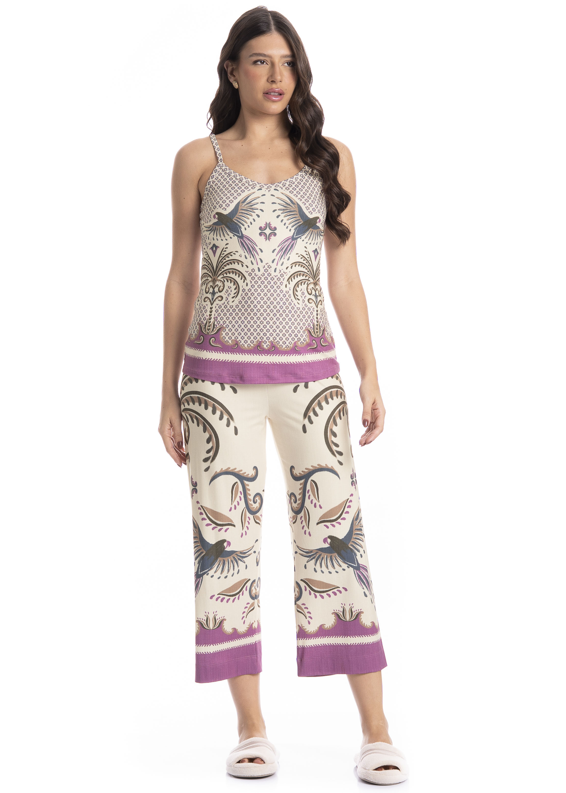 Pijama Feminino Capri Tropical Branco - Imagem 1