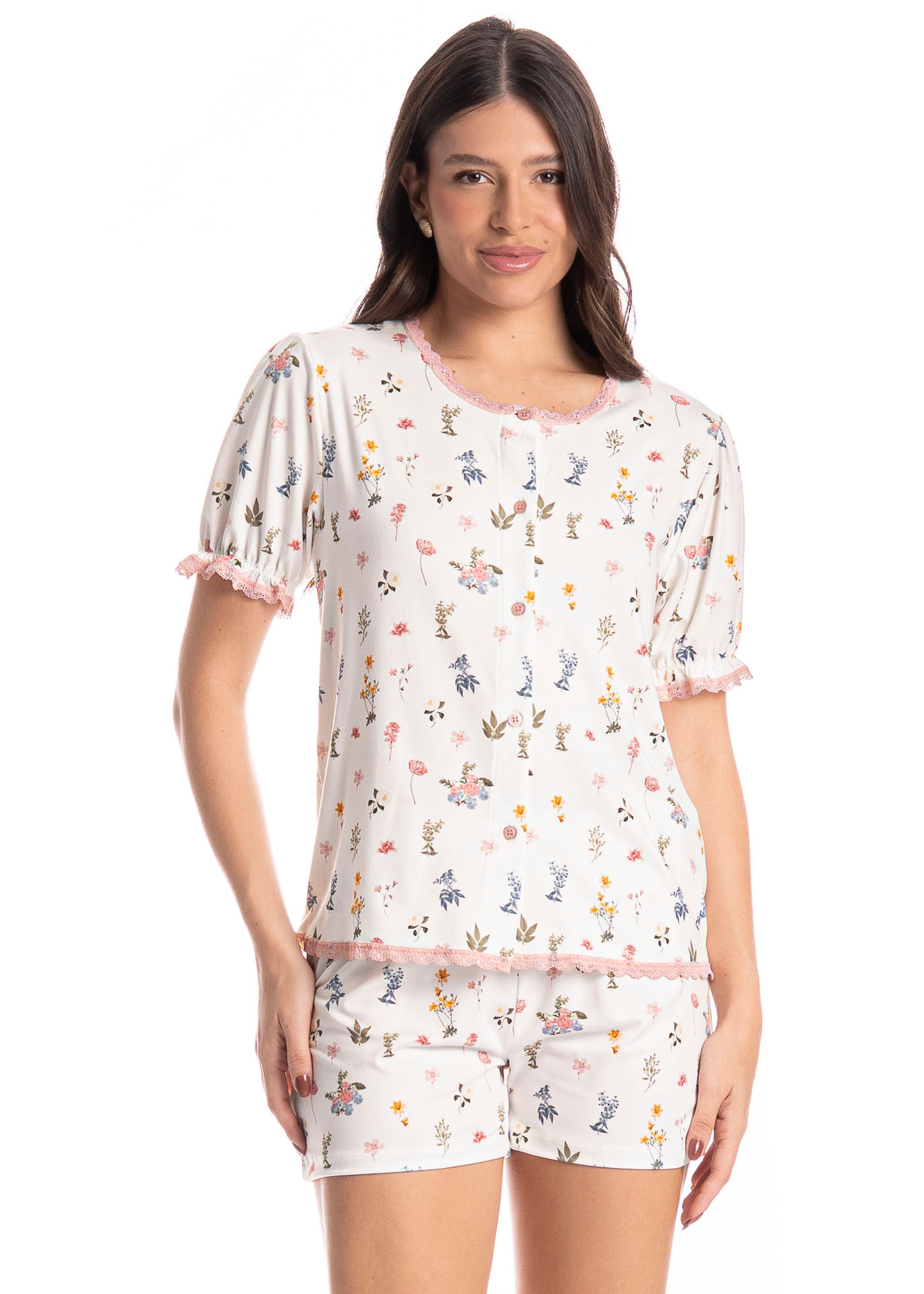 Pijama Americano Curto Feminino Romantic Branco - Imagem 1
