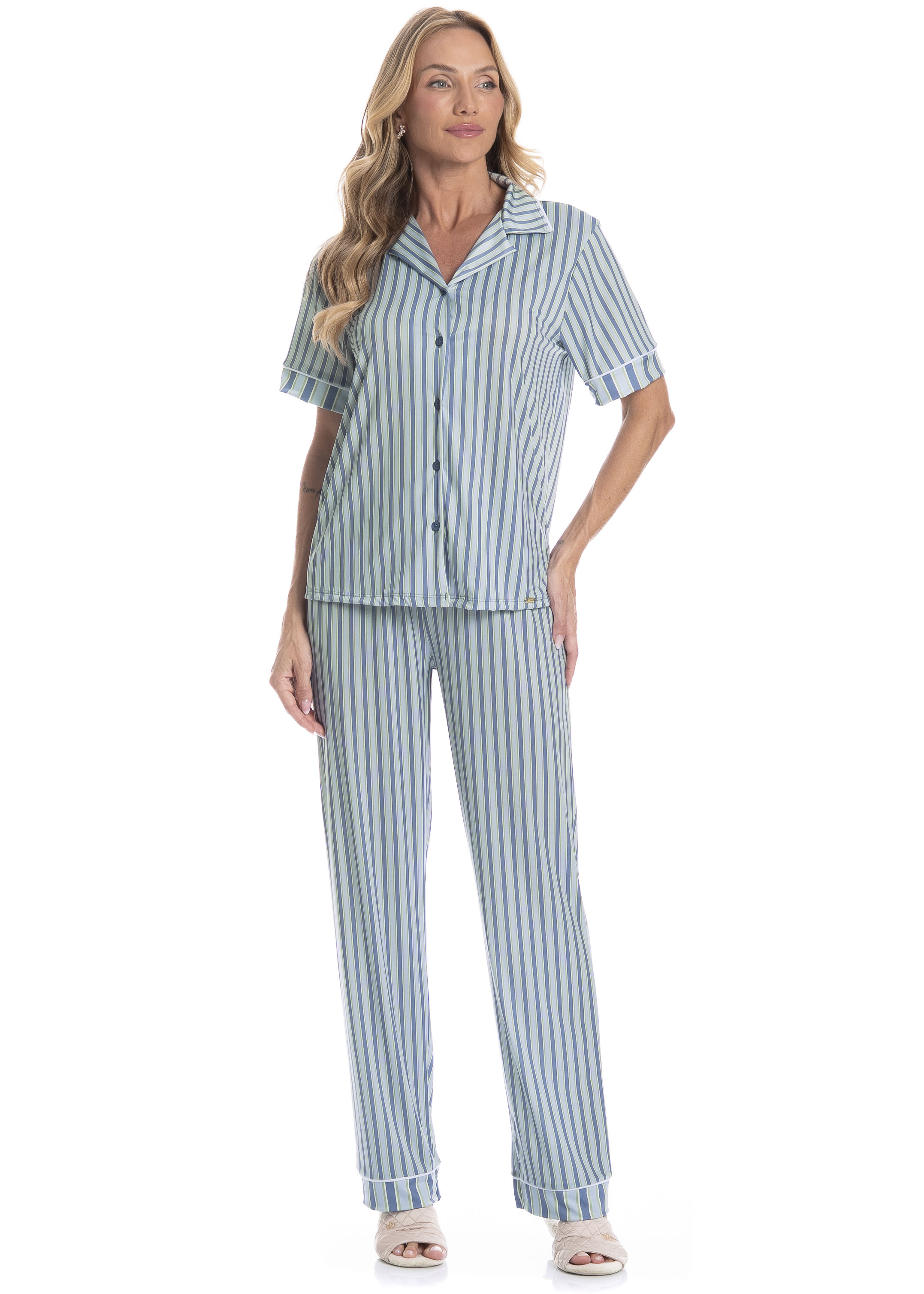 Pijama Americano Feminino Longo Manga Curta Listra Azul-2 - Imagem 1