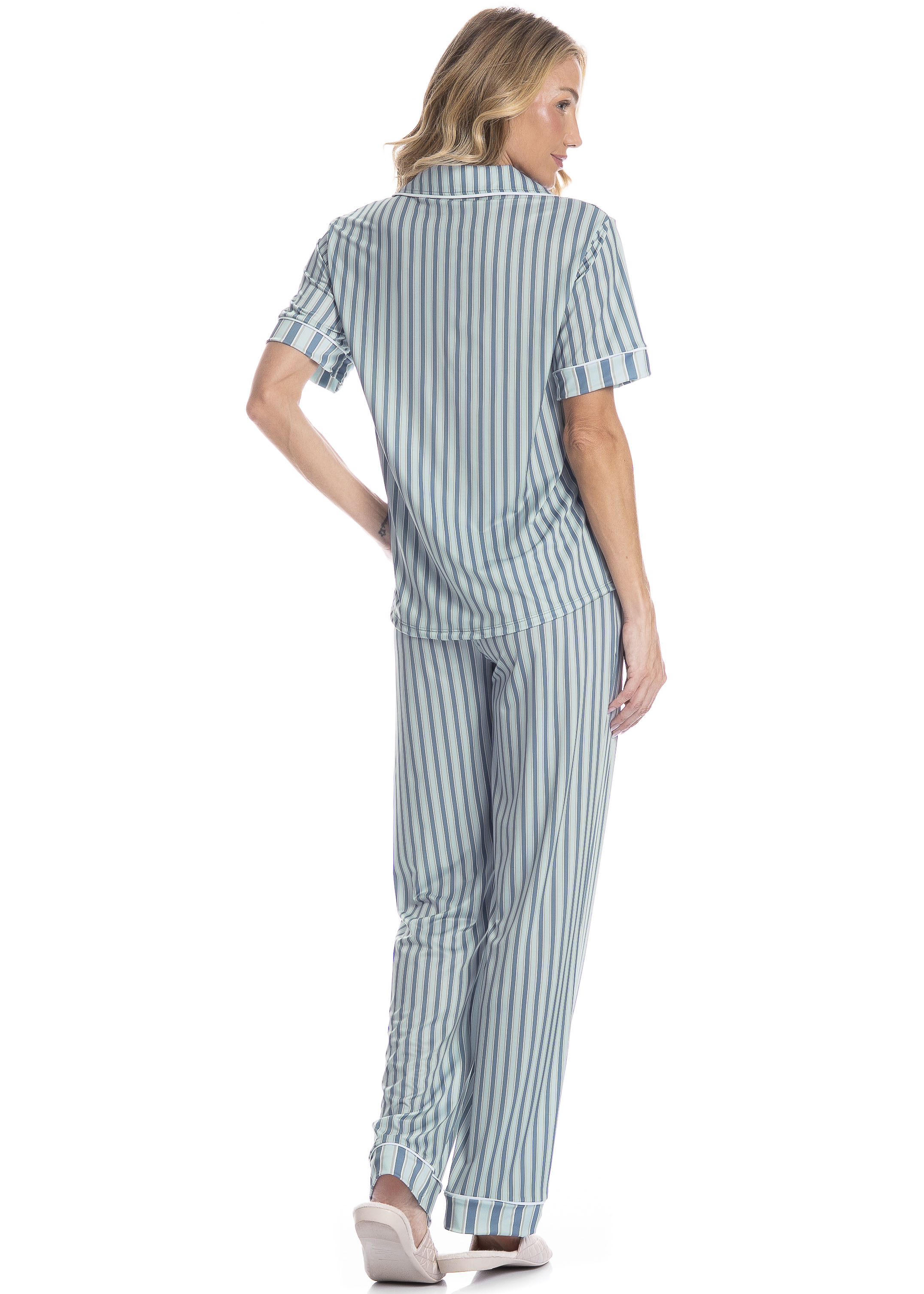 Pijama Americano Feminino Longo Manga Curta Listra Azul-2 - Imagem 2
