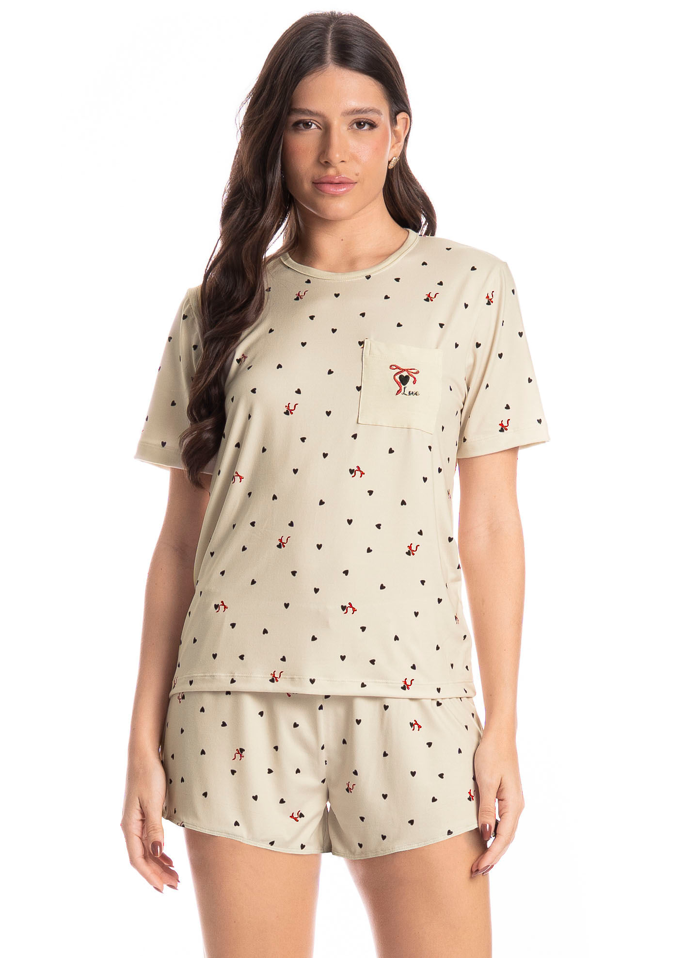 Pijama Feminino Curto Corações Branco - Imagem 1