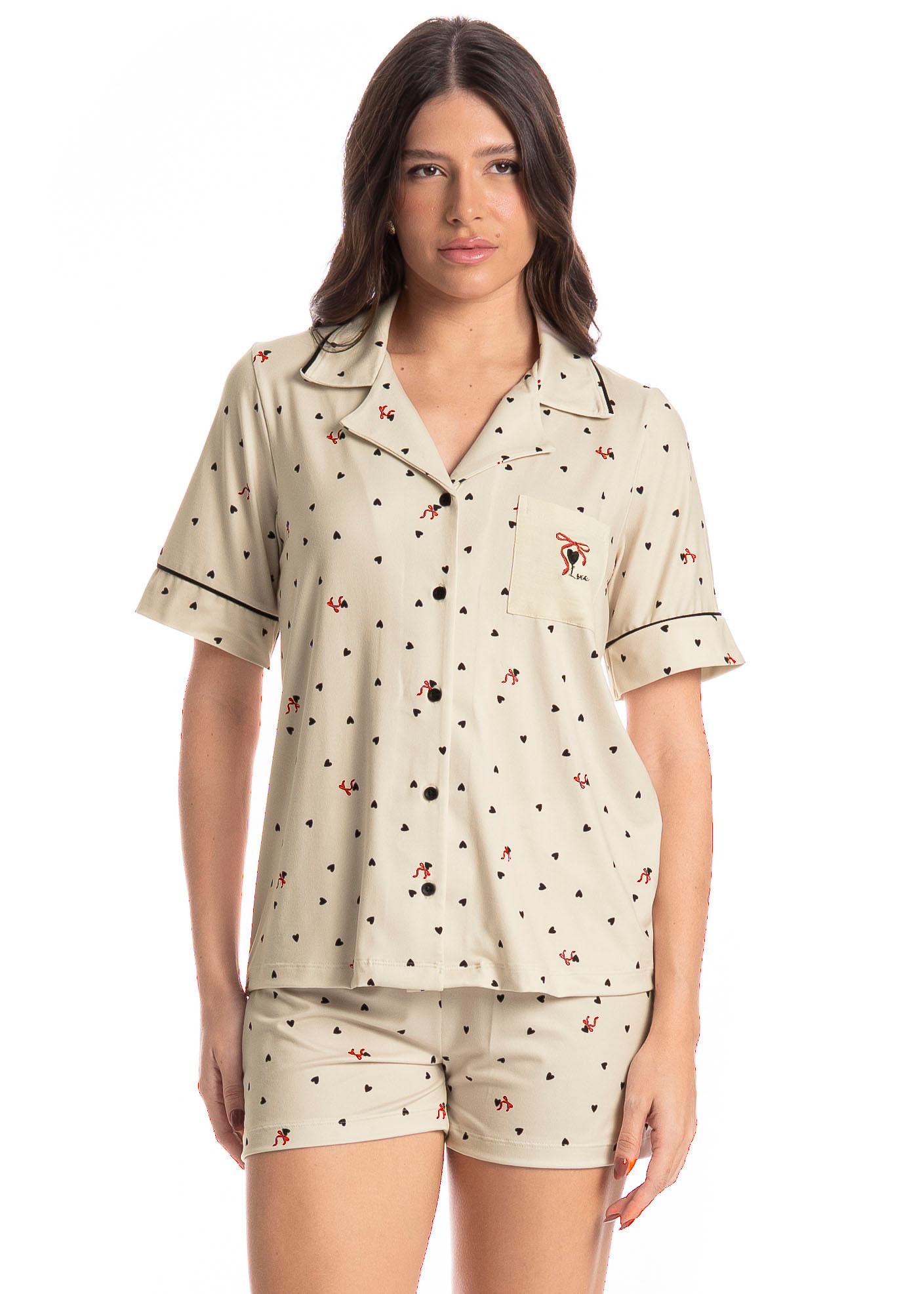 Pijama Americano Feminino Curto Corações Branco - Imagem 1