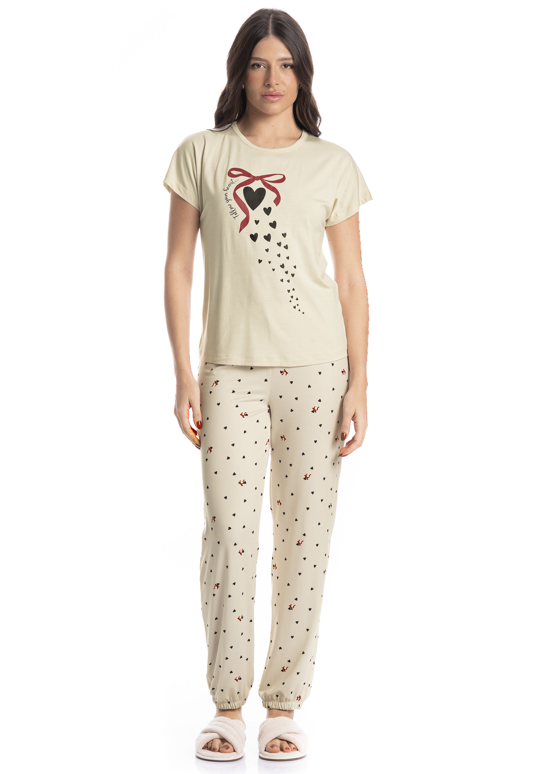 Pijama Feminino Manga Curta Longo Corações Branco - Imagem 1