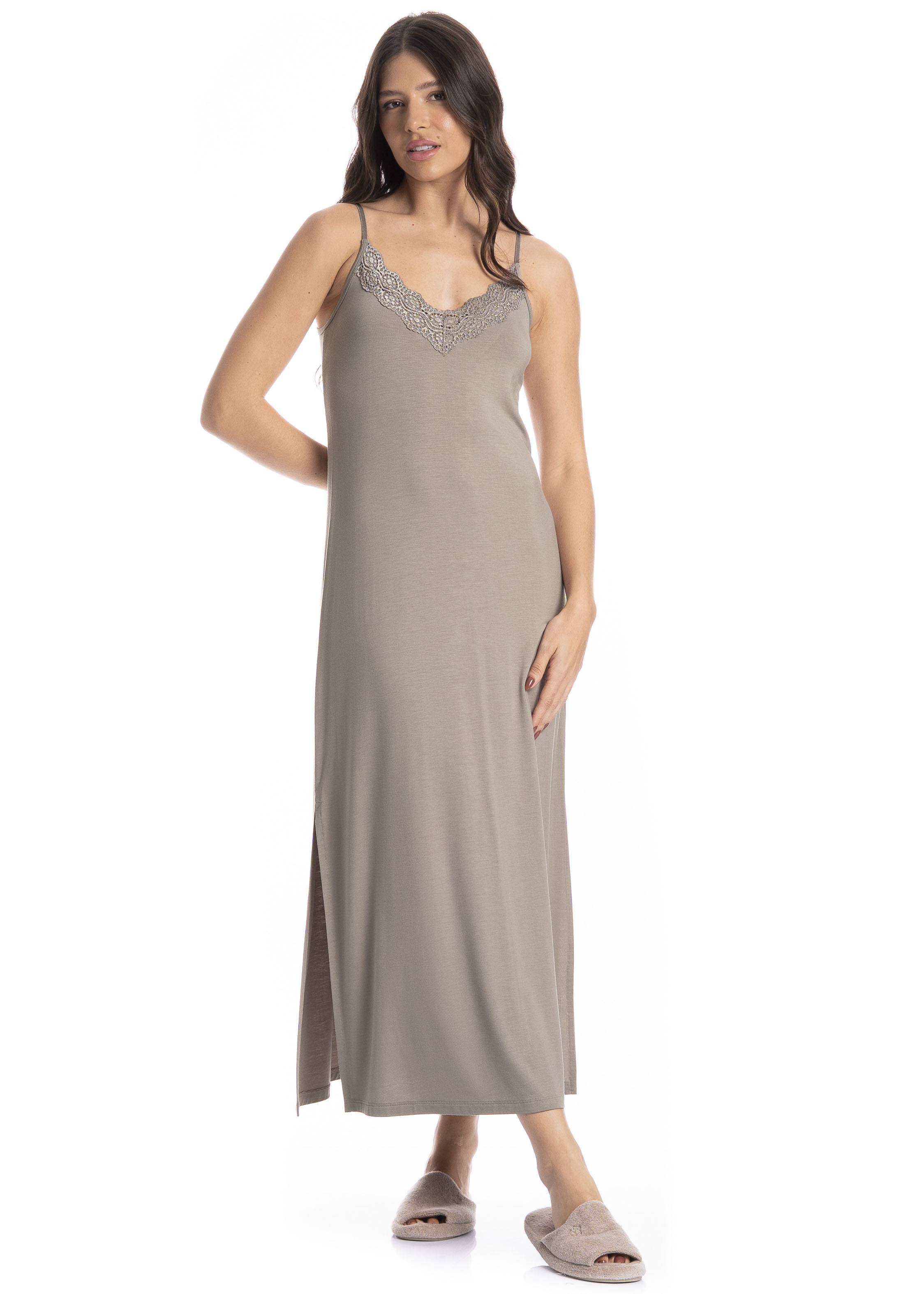 Camisola Feminina Longa Lívia Bege - Imagem 1