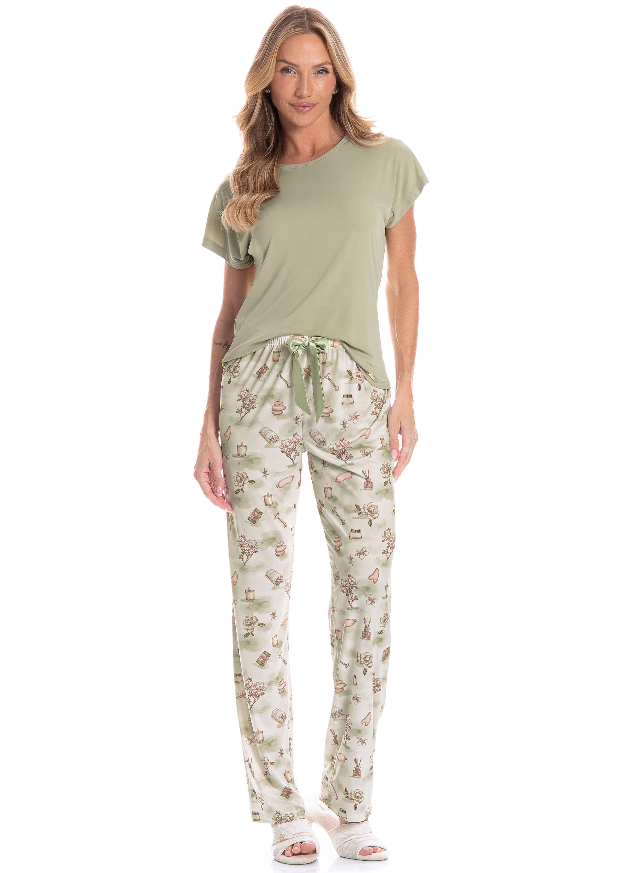 Pijama Feminino Longo Manga Curta Spa Verde - Imagem 1