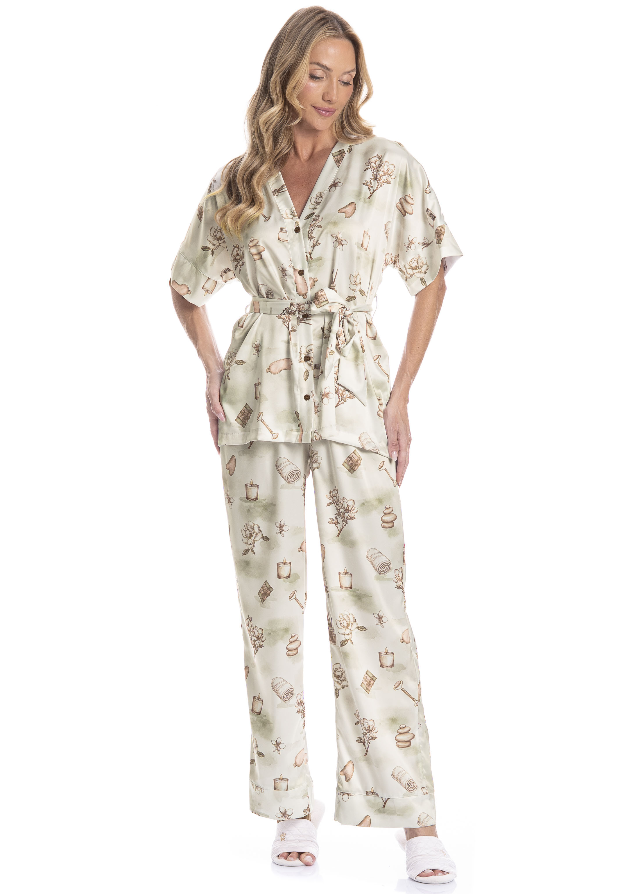 Pijama Americano Feminino Longo Manga Curta Com Faixa Spa Verde - Imagem 1