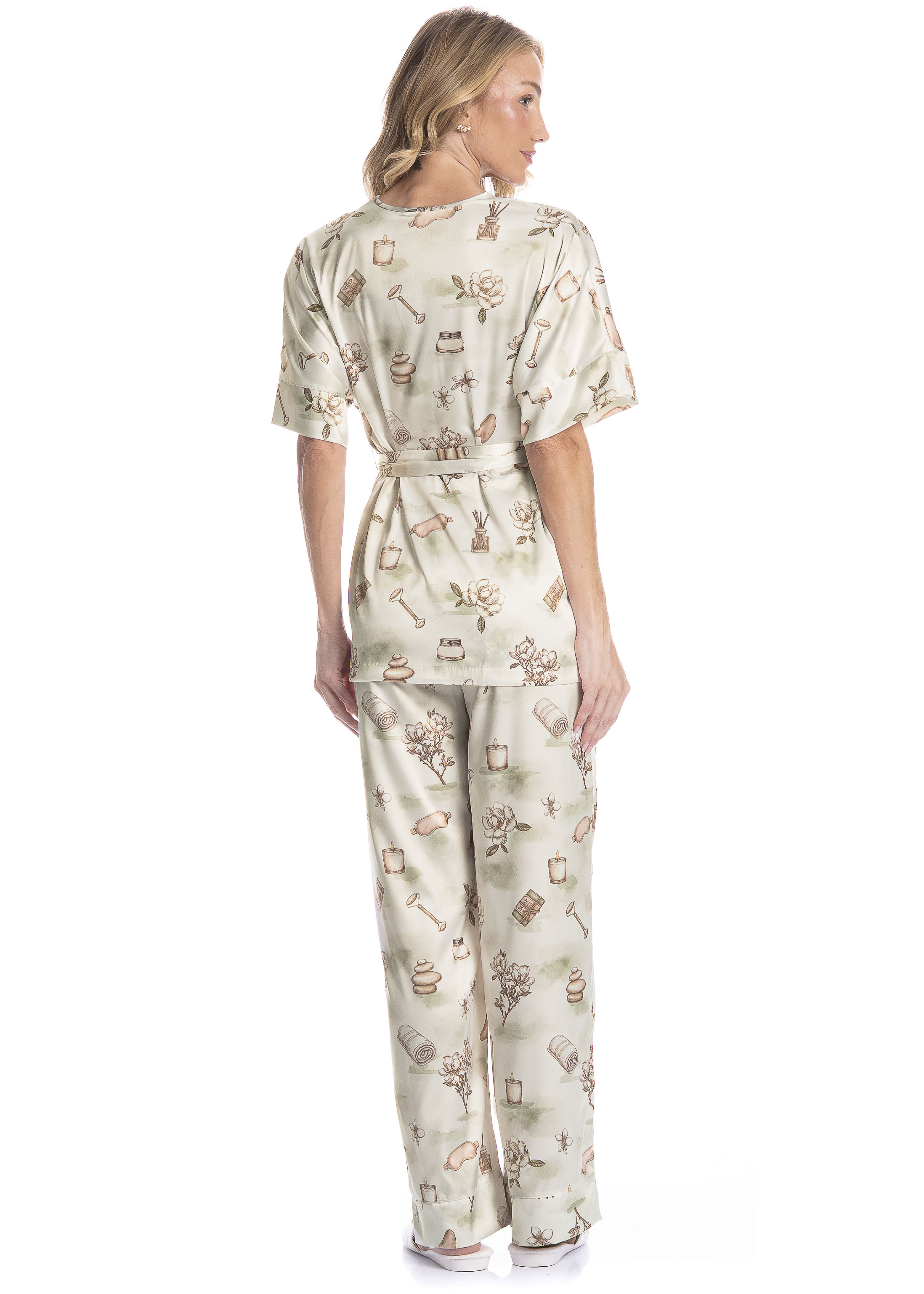 Pijama Americano Feminino Longo Manga Curta Com Faixa Spa Verde - Imagem 2