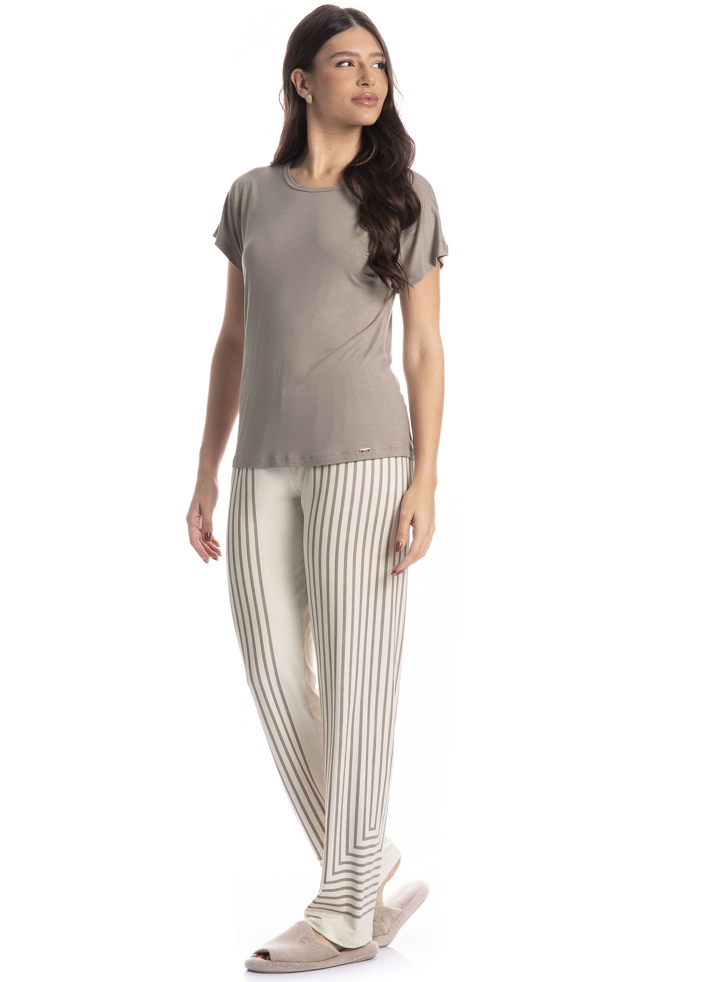 Pijama Feminino Longo Manga Curta Linéa Bege - Imagem 1