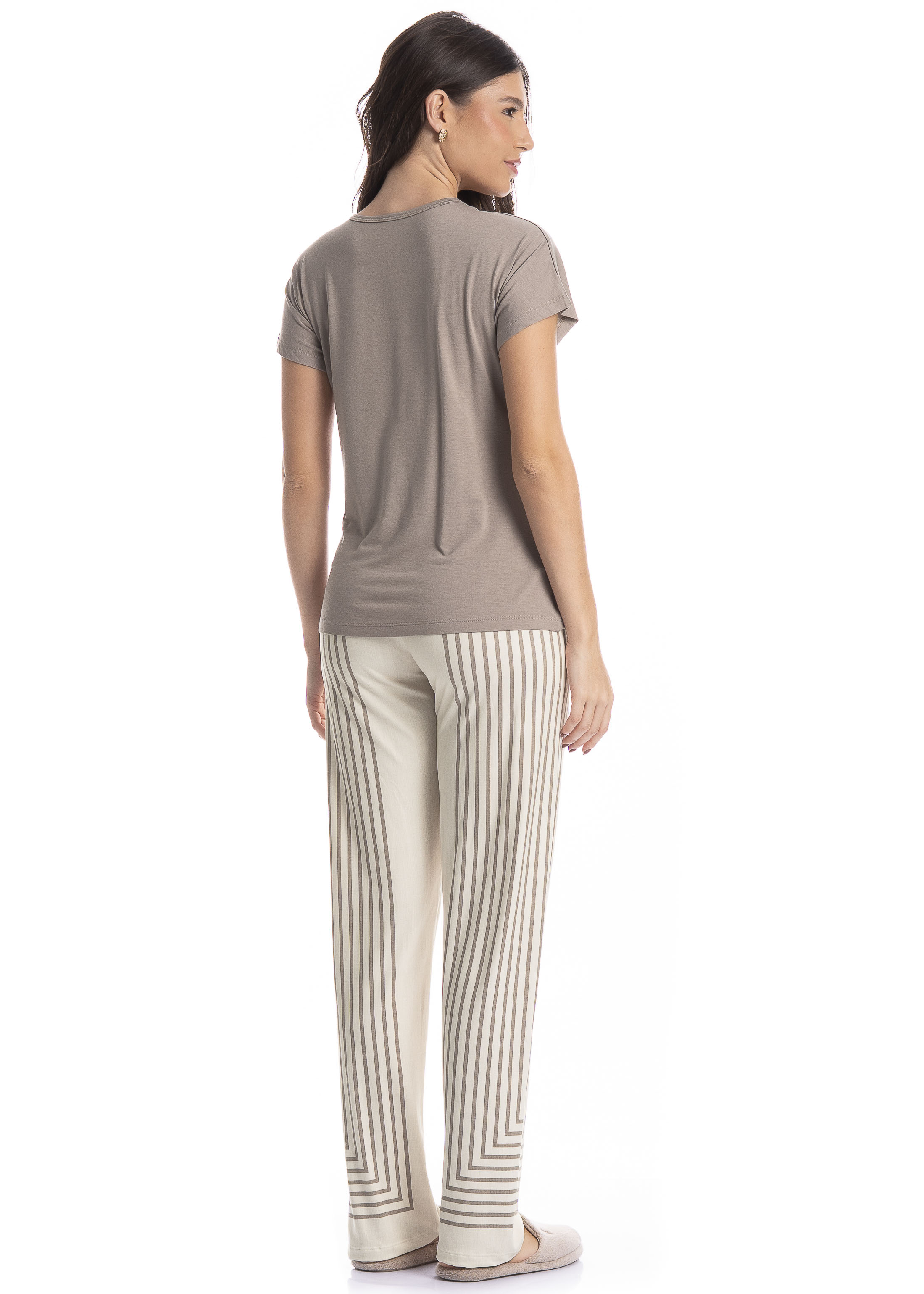 Pijama Feminino Longo Manga Curta Linéa Bege - Imagem 2