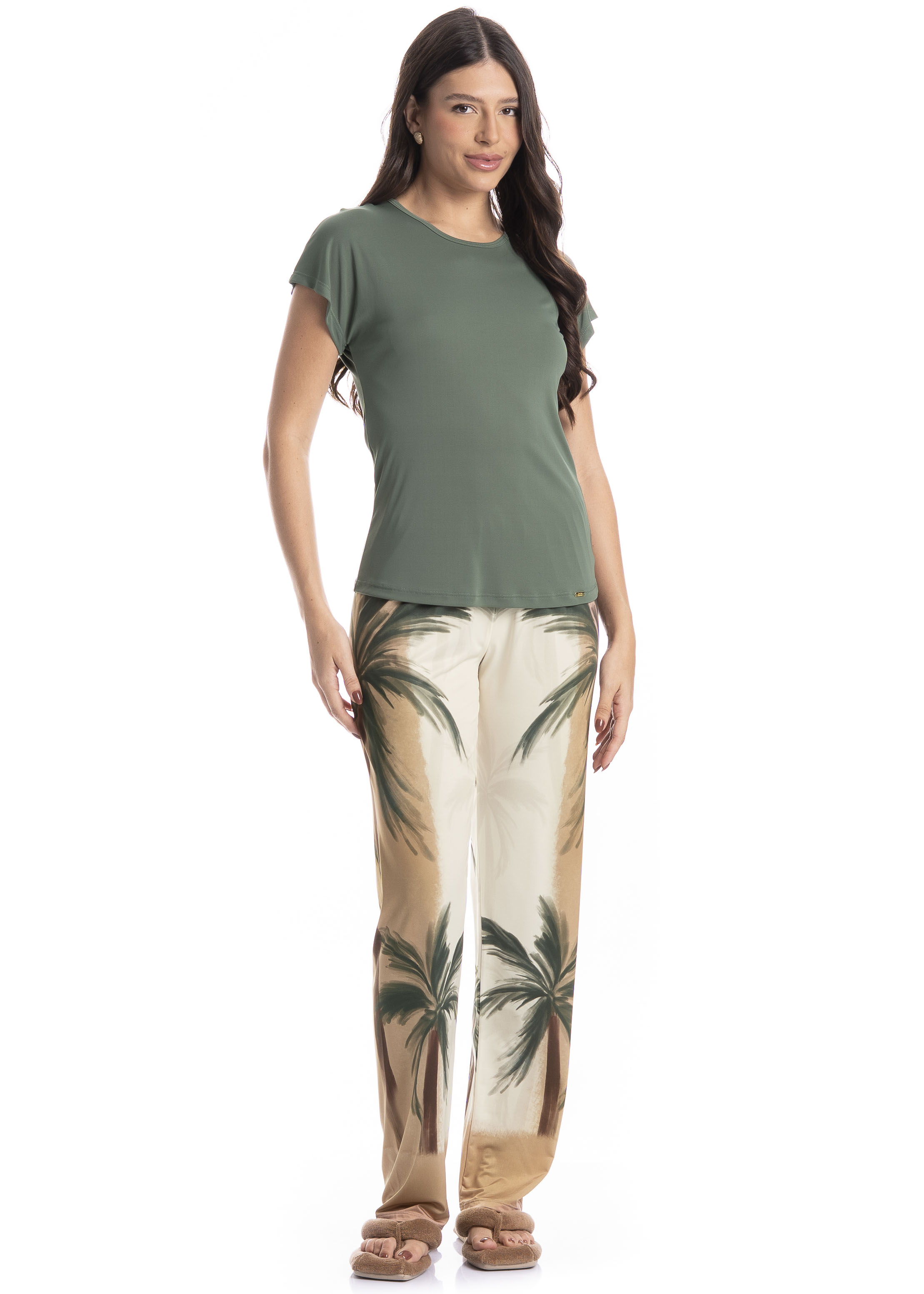 Pijama Feminino Longo Manga Curta Coqueiros Verde - Imagem 1