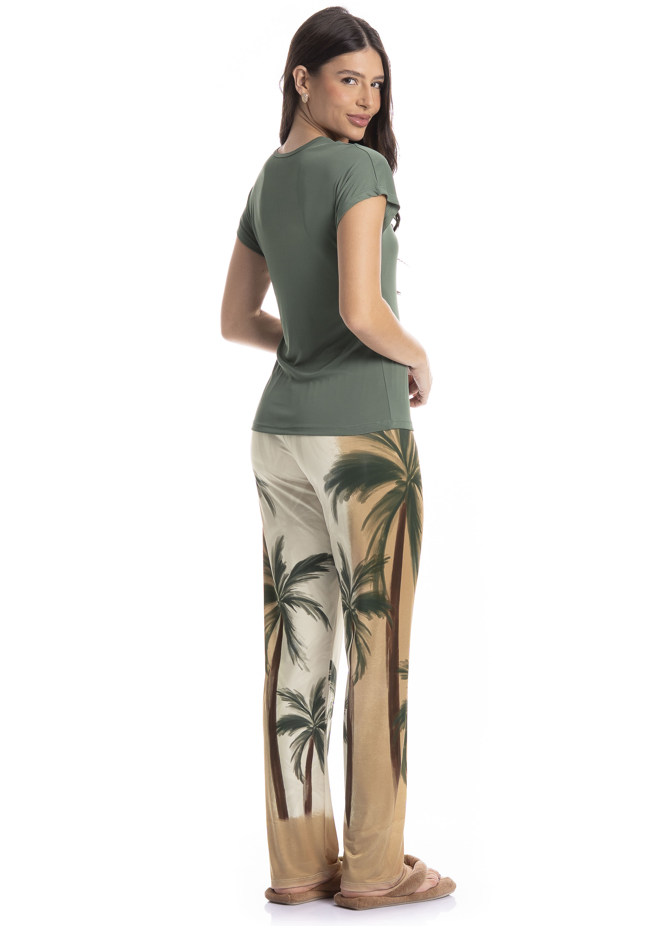 Pijama Feminino Longo Manga Curta Coqueiros Verde - Imagem 2