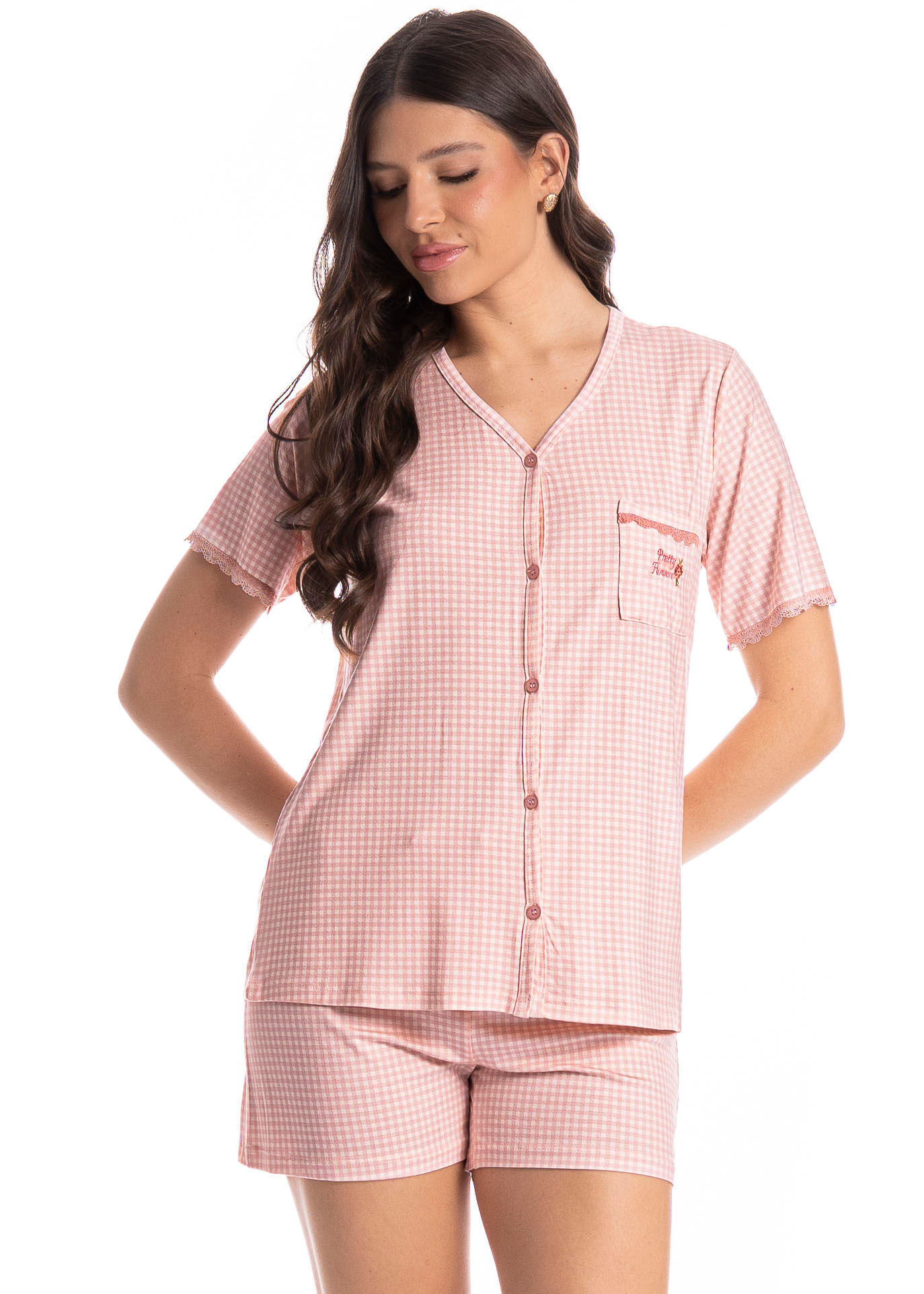 Pijama Americano Feminino Curto Vichy Rosa-3 - Imagem 1