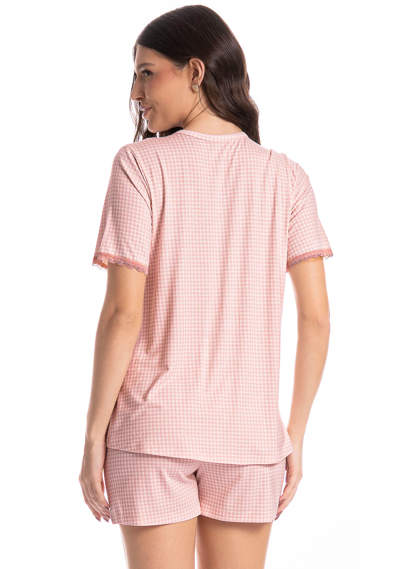 Pijama Americano Feminino Curto Vichy Rosa-3 - Imagem 2