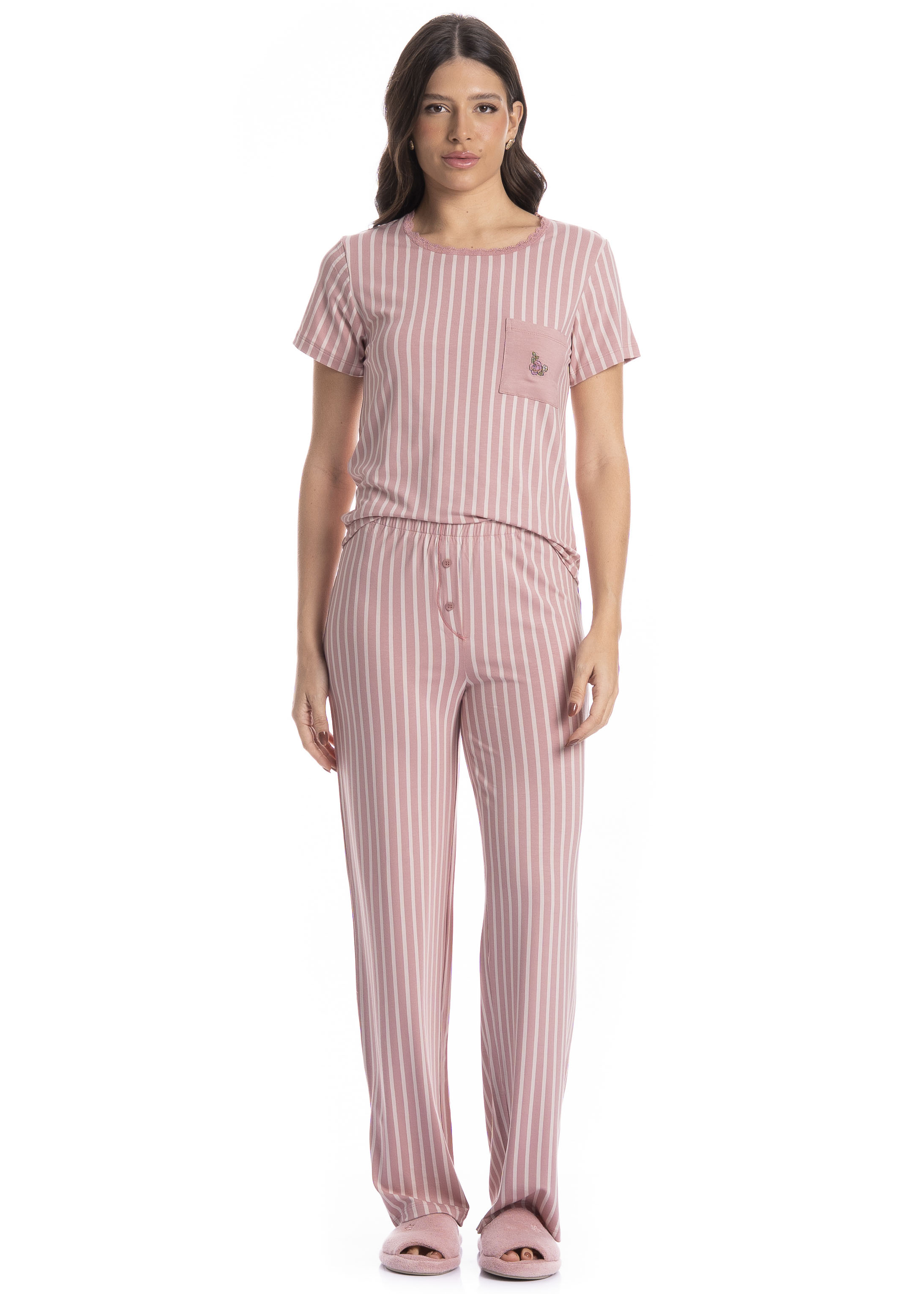 Pijama Feminino Longo Manga Curta Nina Rosa-3 - Imagem 1
