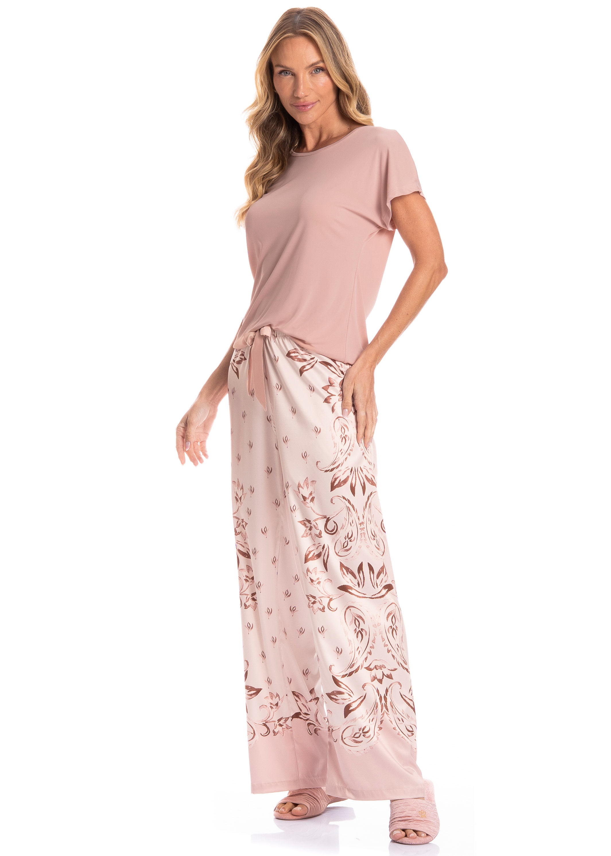 Pijama Feminino Longo Manga Curta Afrodite Rosa-3 - Imagem 1