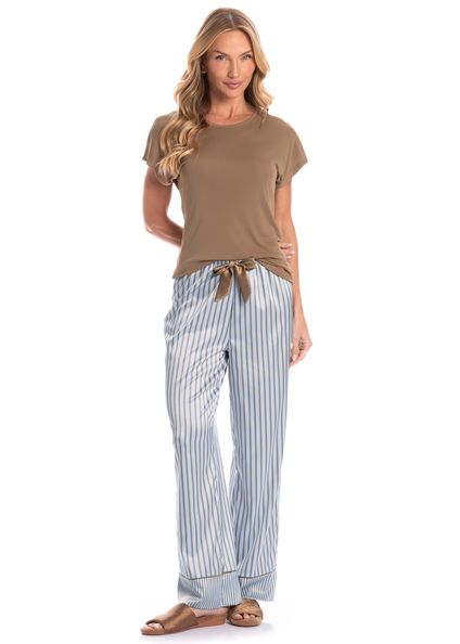 Pijama Feminino Longo Manga Curta Clara Bege - Imagem 1