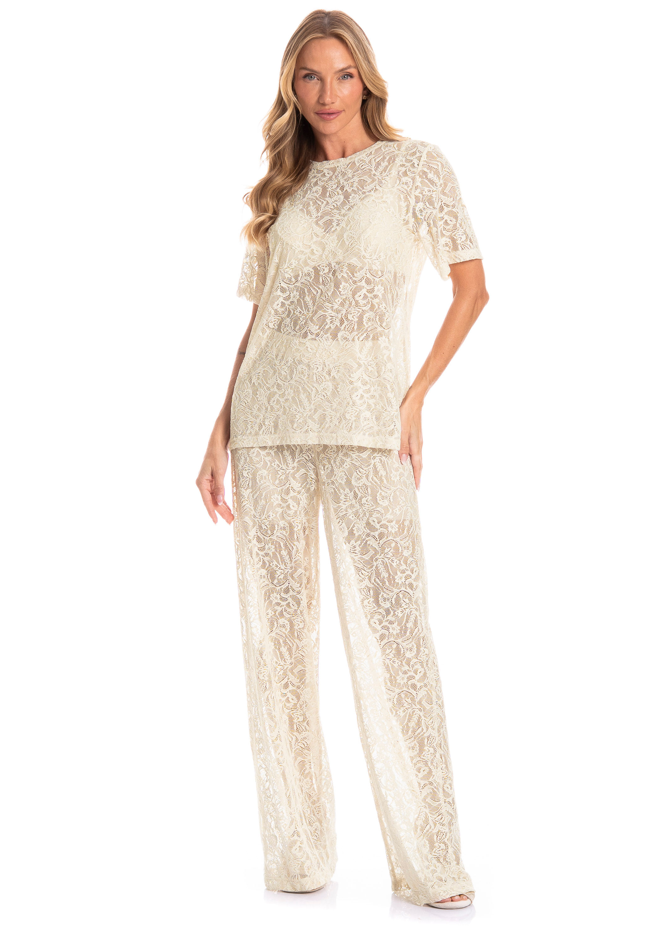 Conjunto Longo Manga Curta Cleo Branco - Imagem 1